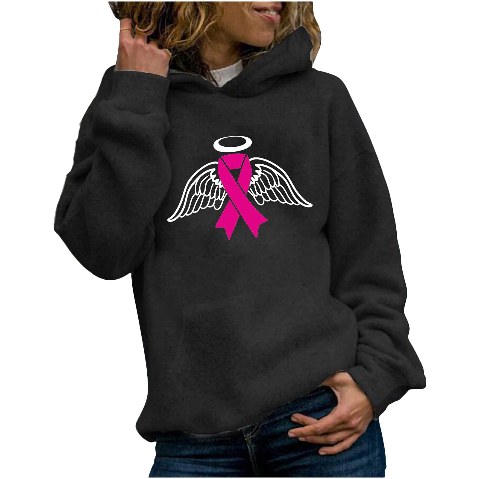 Azrian Women's Pink Ribbon Breast Cancer Awareness Hoodie - Long Sleeve Pullover Sweatshirt with Pocket & Inspirational Words | Supportive Comfort Wear for Survivors, Fundraisers & Awareness Events