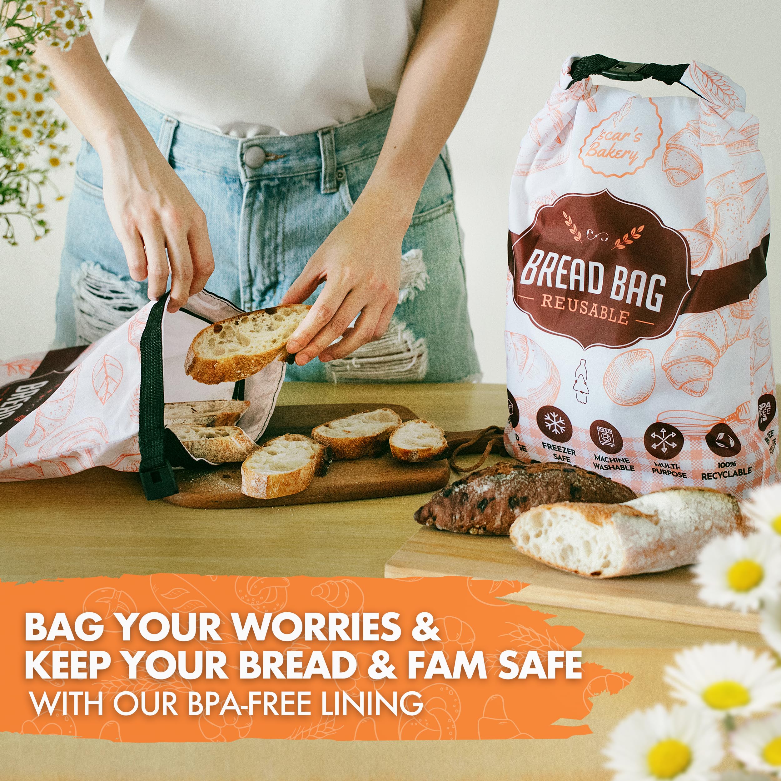 Reusable Sourdough Bread Bags for Homemade Bread Storage - BPA-Free, Freezer Safe Bread Bags with Beeswax Wrap - 2 Pack Retro Orange Bread Containers by Oscar's Bakery - Perfect for Fresh Bread, Sourdough, Baguettes & Artisan Loaves