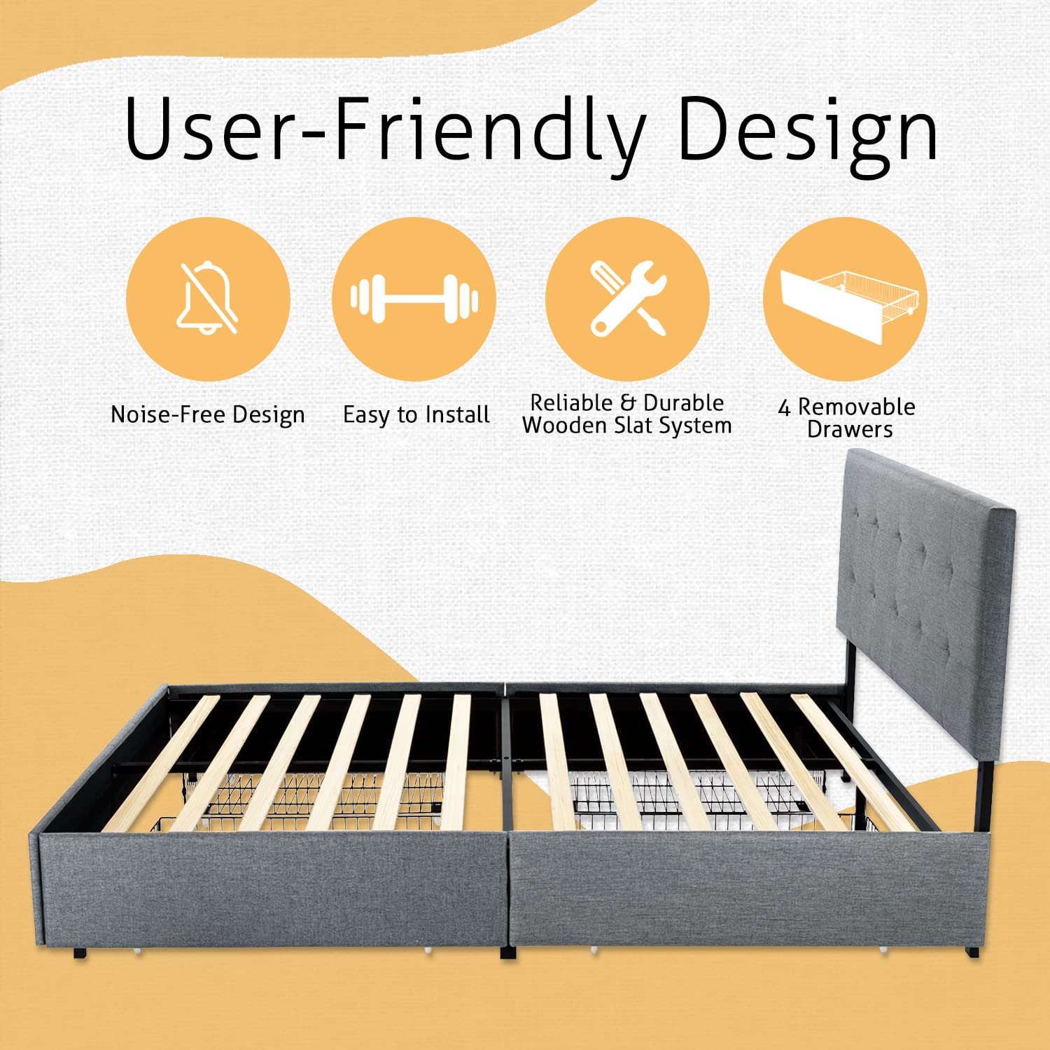 Full Size Platform Bed Frame with Storage Drawers & Adjustable Headboard - SHA CERLIN Upholstered Bed with Square Stitched Button Tufted Design, Wooden Slat Support, No Box Spring Needed in Light Grey - Perfect for Small Bedrooms, Guest Rooms & Space-Saving Storage Solutions