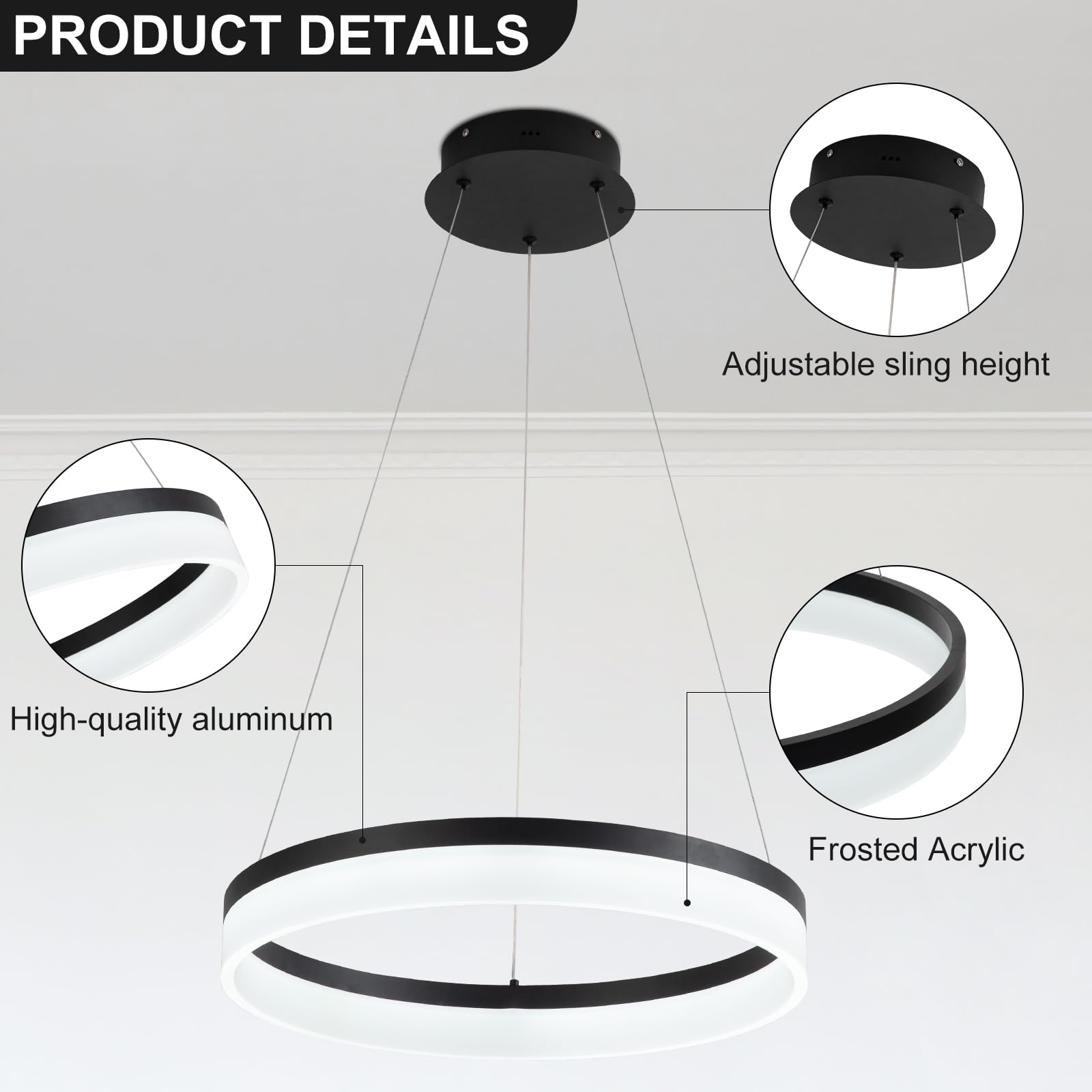 Buccleuch Black LED Chandelier - 19.7 Inch Dimmable Modern Pendant Light for Dining Room & Kitchen Island, Adjustable Height Acrylic Ceiling Fixture | Perfect for Table Lighting, Home Decor & Contemporary Interior Design