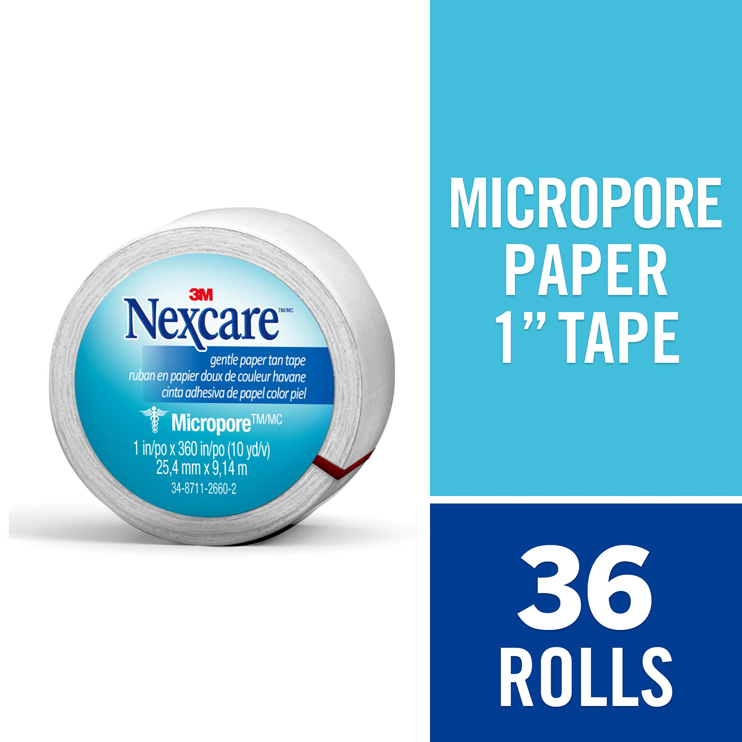 Nexcare Micropore Gentle Paper First Aid Tape 1 Inch x 10 Yards - Hypoallergenic Medical Tape for Securing Gauze & Wound Dressings - 36 Rolls - Perfect for First Aid Kits, Hospitals & Home Care