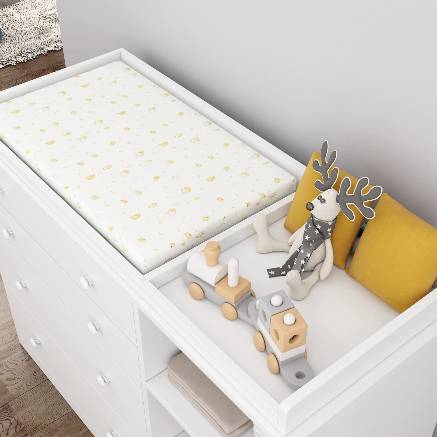Modern White Nursery Dresser with 5 Drawers & 2 Open Shelves - 47.2