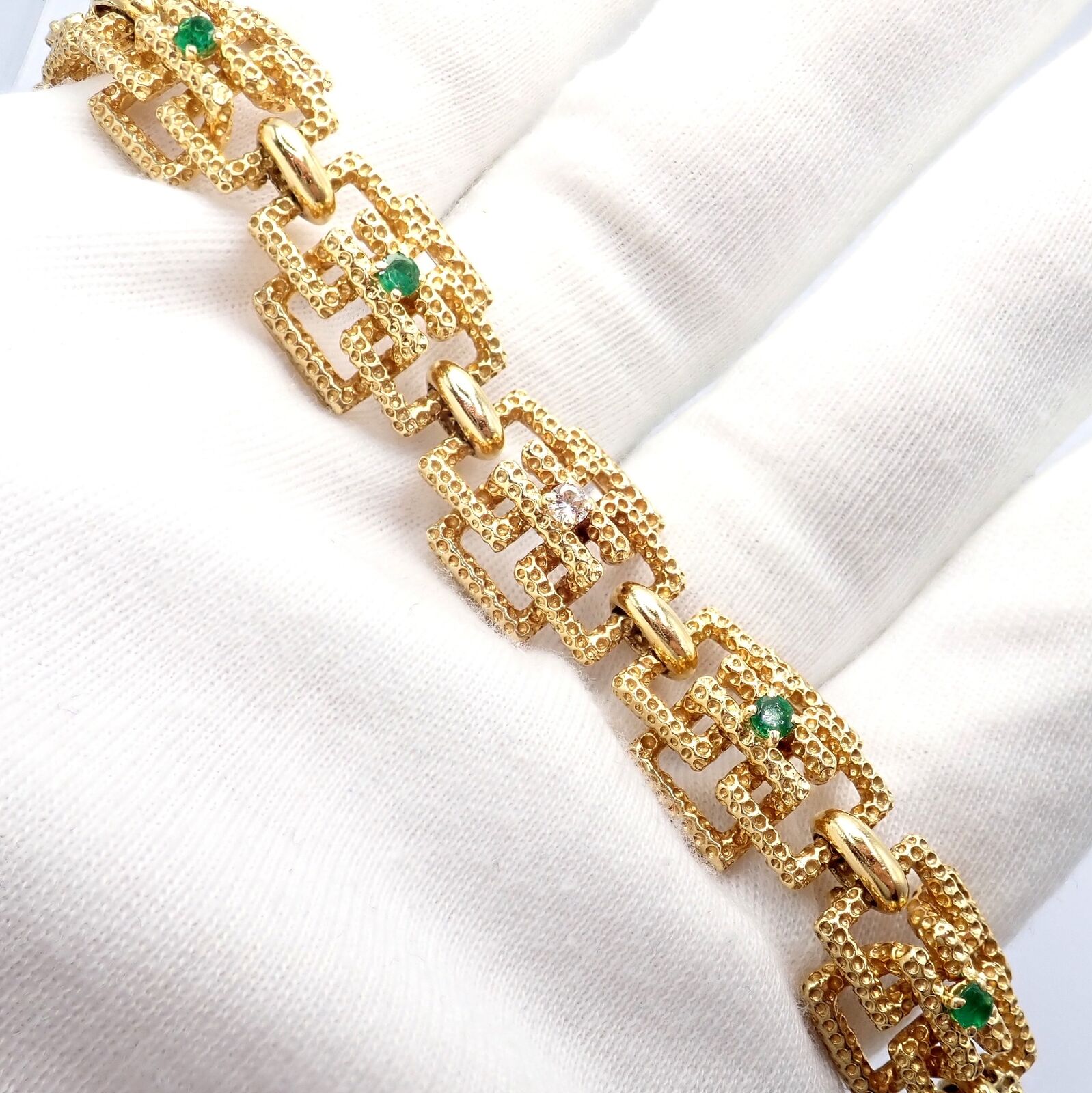 Vintage Tiffany & Co France 18k Yellow Gold Diamond Emerald Bracelet - Luxury Jewelry Gift for Women, Anniversary & Special Occasions