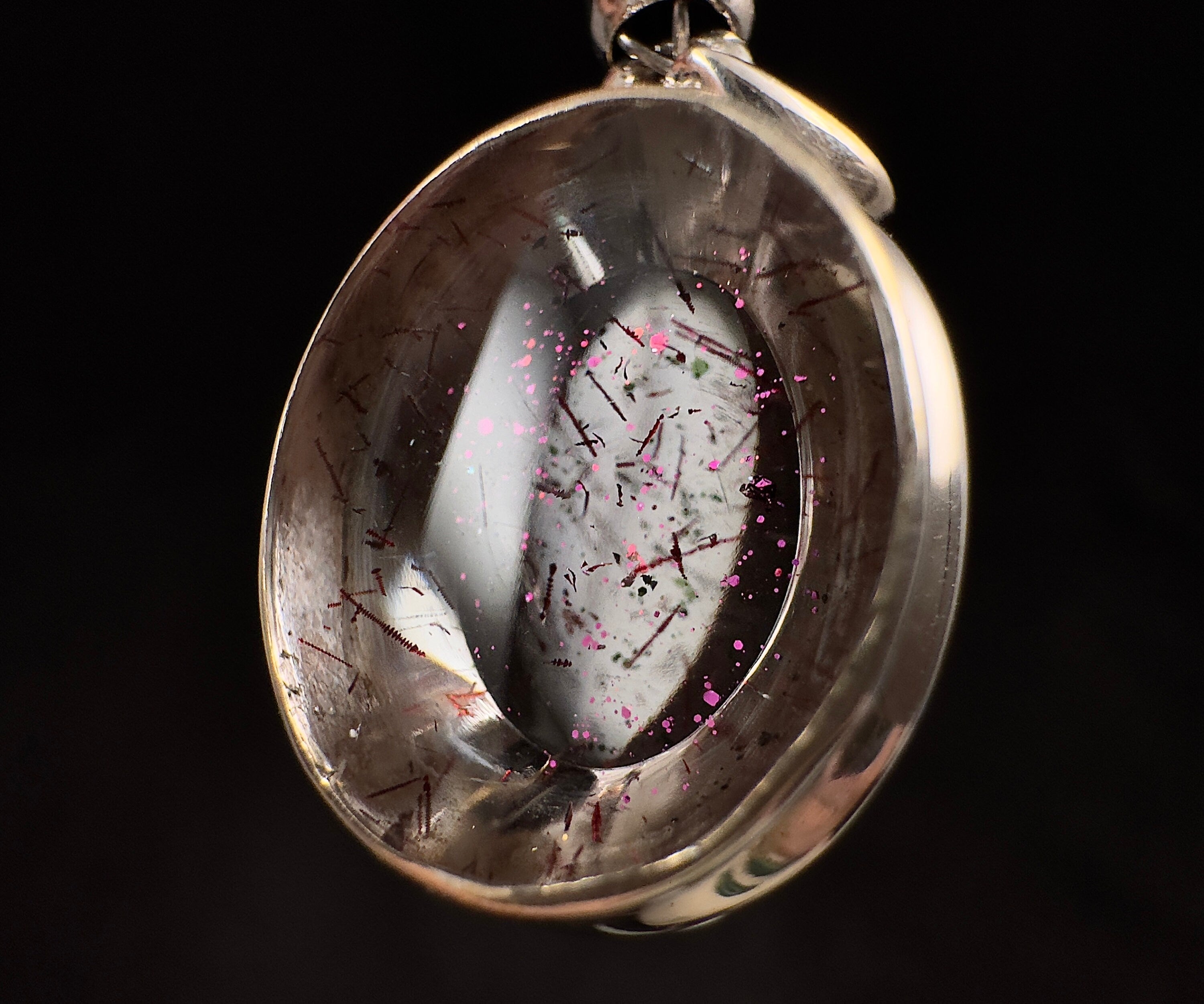 Rare Pink Fire Quartz Crystal Pendant - Covellite Crystal with Polished Finish in Open Back Sterling Silver Bezel (53865) | Elegant Jewelry for Special Occasions & Spiritual Healing