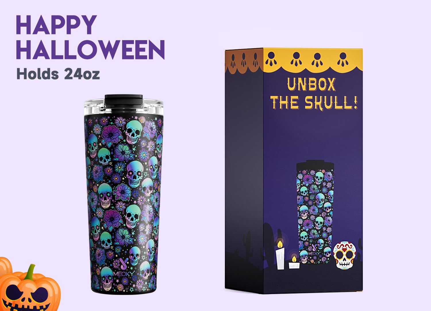 Meoky 24oz Stainless Steel Halloween Coffee Tumbler - Insulated Travel Mug with Leakproof Lid | Keeps Beverages Hot 8 Hours & Cold 24 Hours | Car Cup Holder Compatible | Perfect for Office, Commuting & Halloween Parties (Black Skull Design)