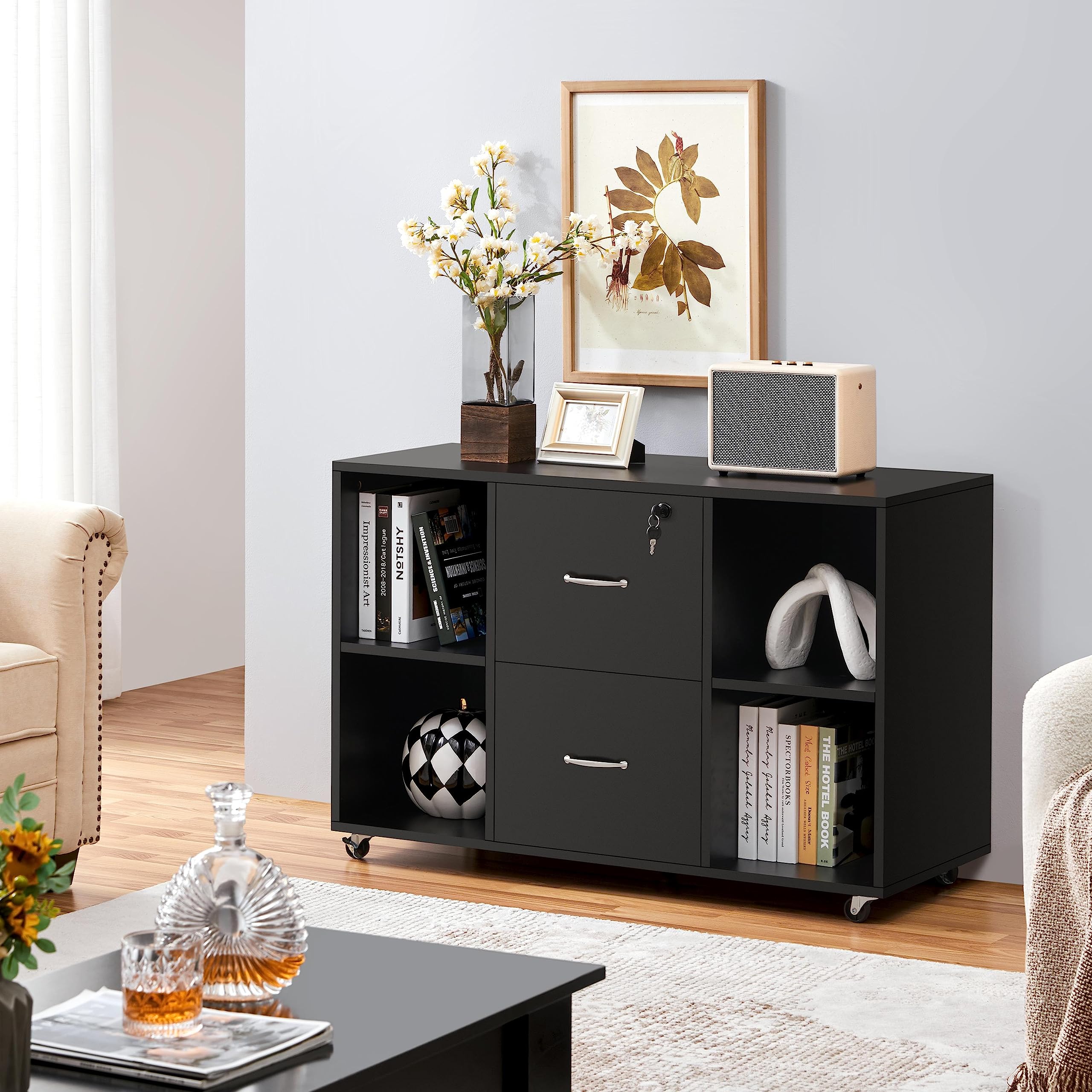 Topeakmart Black File Cabinet - Large Mobile Filing Cabinet with Storage for Letter & A4 Size - Heavy Duty Printer Stand for Home Office - Perfect for Organizing Documents in Small Spaces & Workspaces