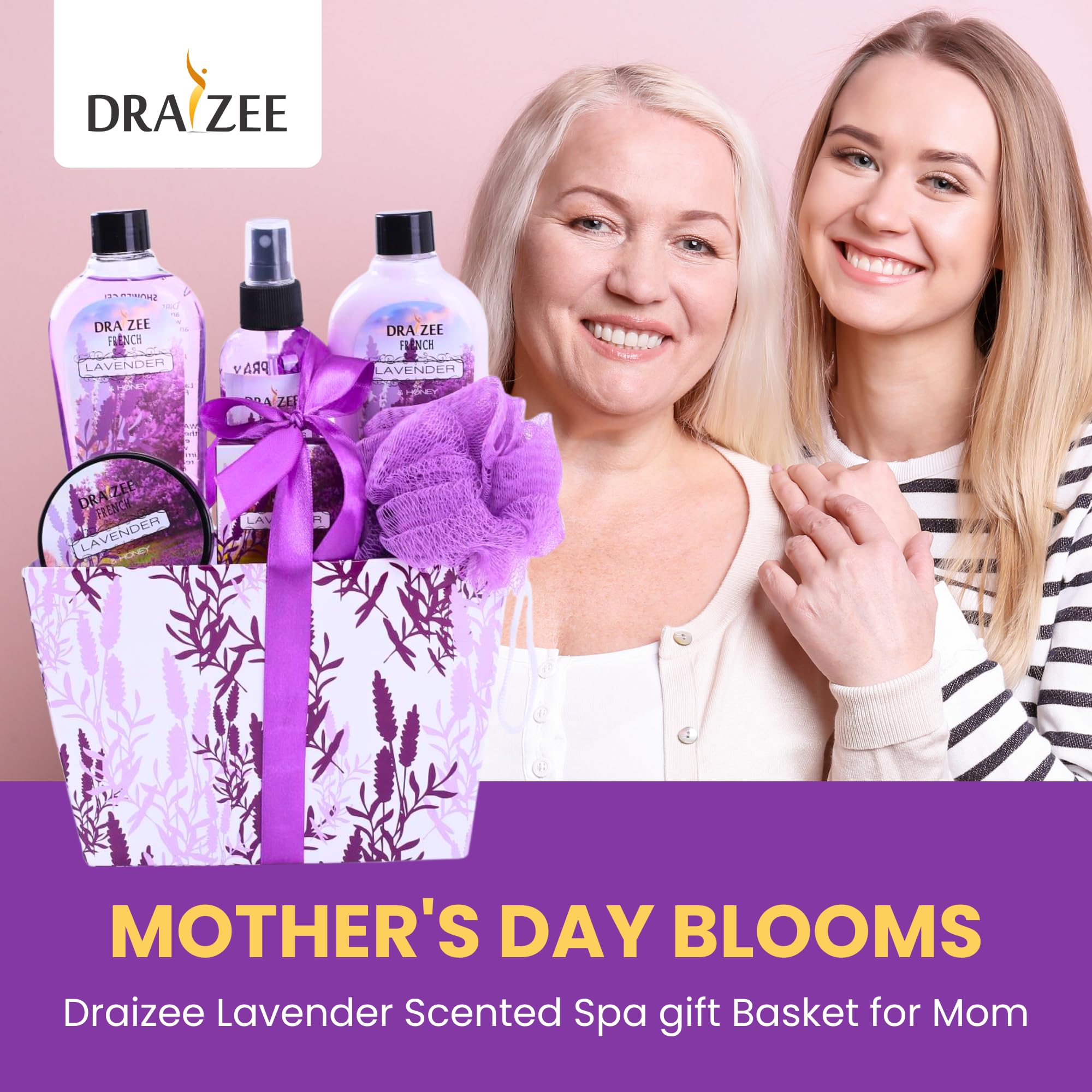 Draizee 5-Piece Lavender Scented Spa Gift Basket for Women - Relaxing Mother's Day Gifts from Daughter/Kids - Perfect for Home Spa, Birthday, Anniversary & Self-Care Moments