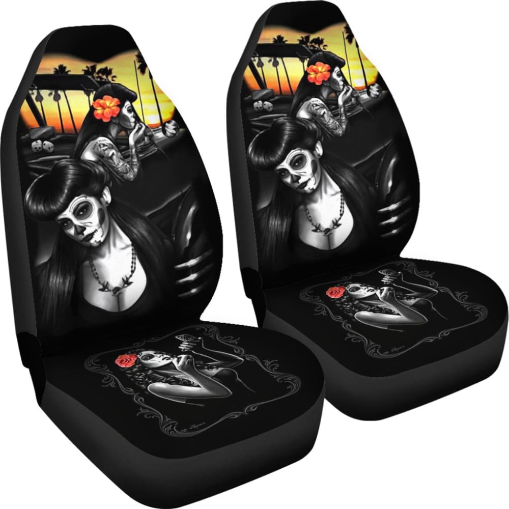 Stylish Couple Love Calavera Sugar Skull Car Seat Covers for Cars - Gothic Mexican Day of the Dead Design - Perfect for Couples, Halloween Decor & Unique Gift Ideas
