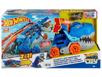 Hot Wheels Giant Transporter T-Rex 2-in-1 Toy Truck & Dinosaur Race Track with Lights & Sounds - Includes Tiger Card Set - Perfect for Kids' Playtime & Dinosaur-Themed Birthday Gifts