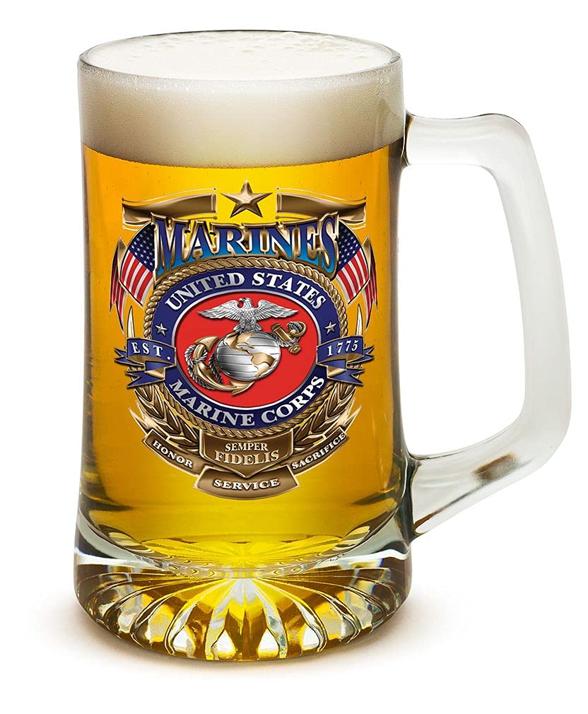 US Marine Corps Tankard Beer Mug with Handle - Set of 6 (25oz) Military Gift for Men & Women - Durable Beer Glasses with USMC Badge of Honor Logo - Perfect for Home Bars, BBQs, Military Appreciation Events & Veteran Gifts