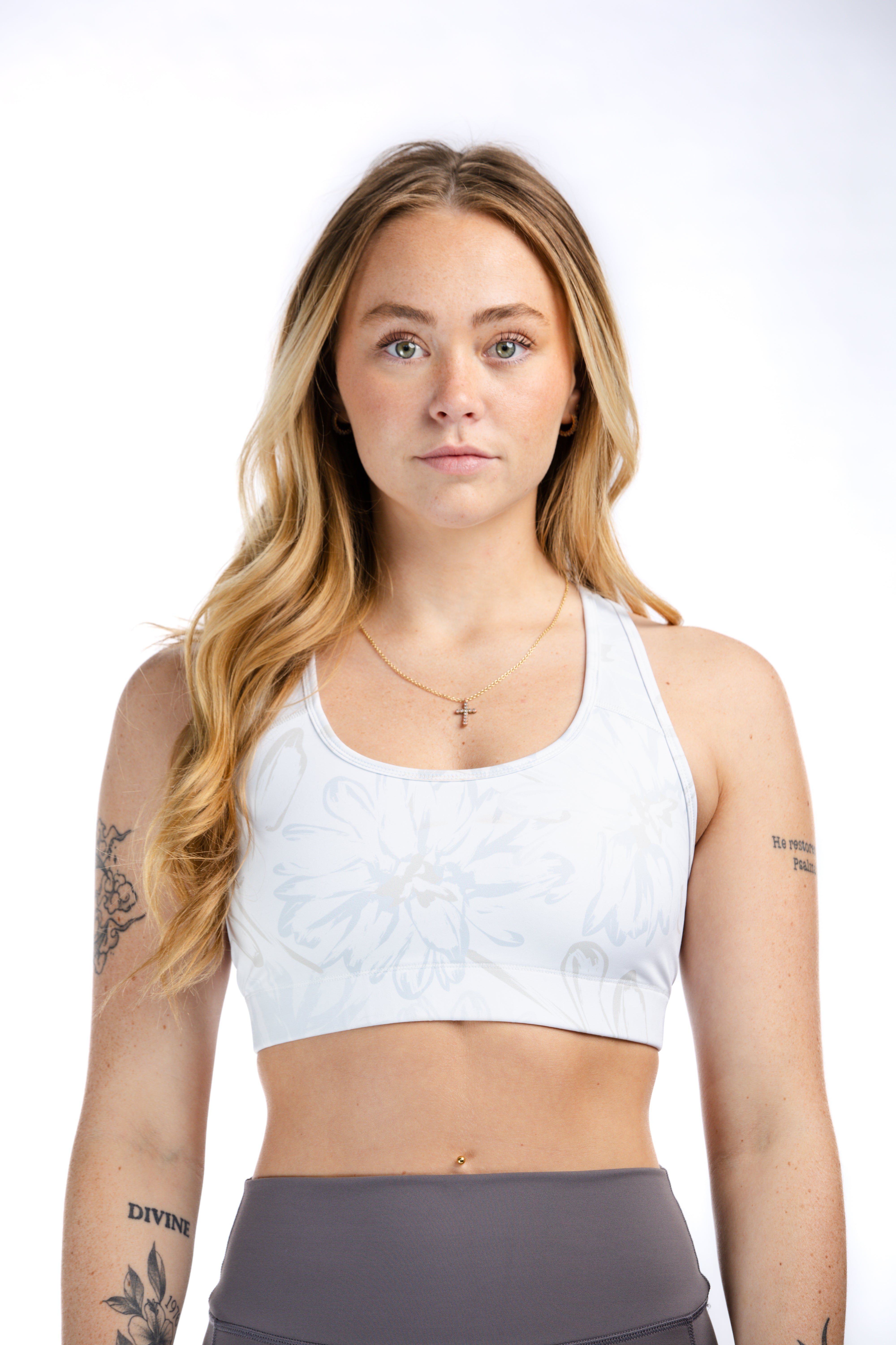 High Support Sports Bra for Women - Grey & Tan Floral Pattern Workout Top | Perfect for Yoga, Running & Gym Fitness Activities