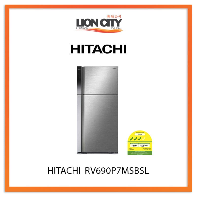 Hitachi 544L 2 Door Refrigerator RV690P7MSBSL - Energy Efficient Large Capacity Fridge for Home, Kitchen & RV Use