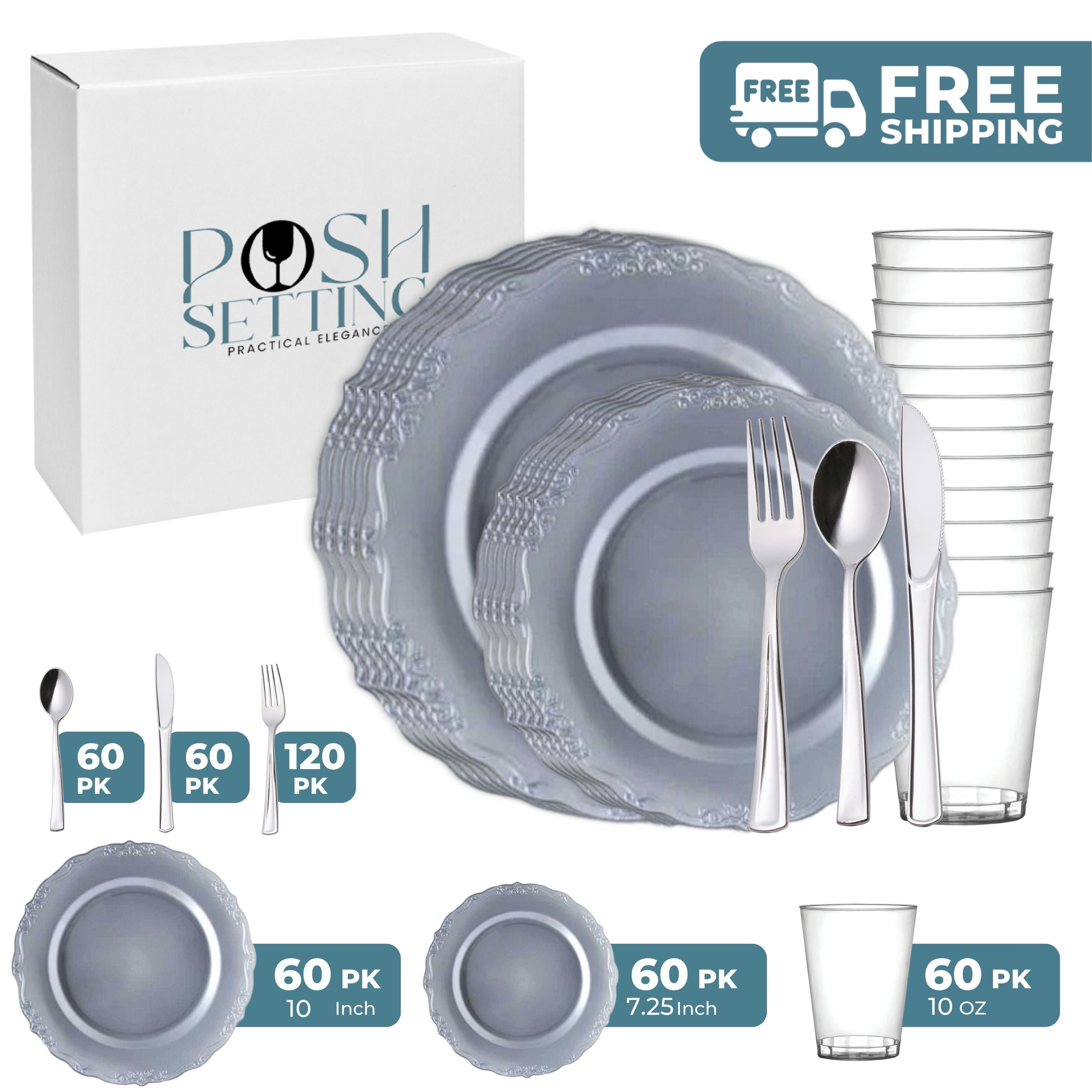 Vintage Silver Plastic Party Bundle - Elegant Disposable Tableware Set for Wedding, Birthday, Anniversary & Holiday Celebrations