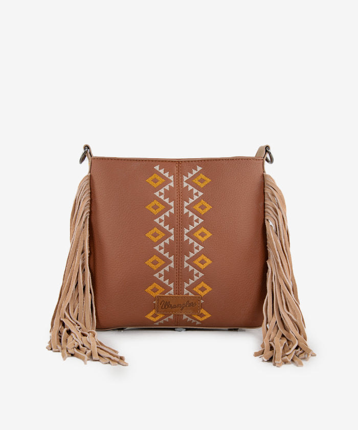Wrangler Aztec Embroidered Fringe Crossbody Bag for Women - Boho Chic Handbag Perfect for Music Festivals & Everyday Use