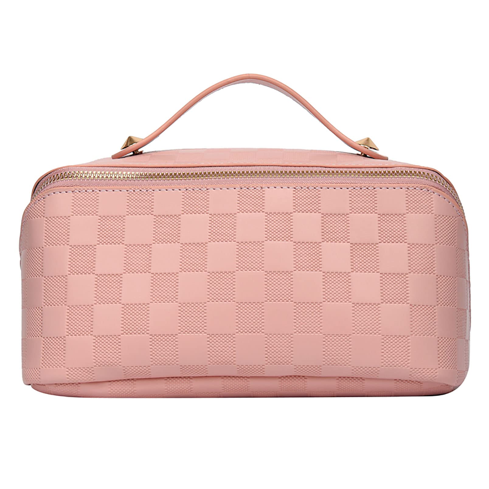 Niumike Large Capacity Waterproof Travel Cosmetic Bag for Women - PU Leather Cute Plaid Makeup Organizer Toiletry Bag (Pink) | Perfect for Airplane Carry-on, Gym Essentials & Weekend Getaways