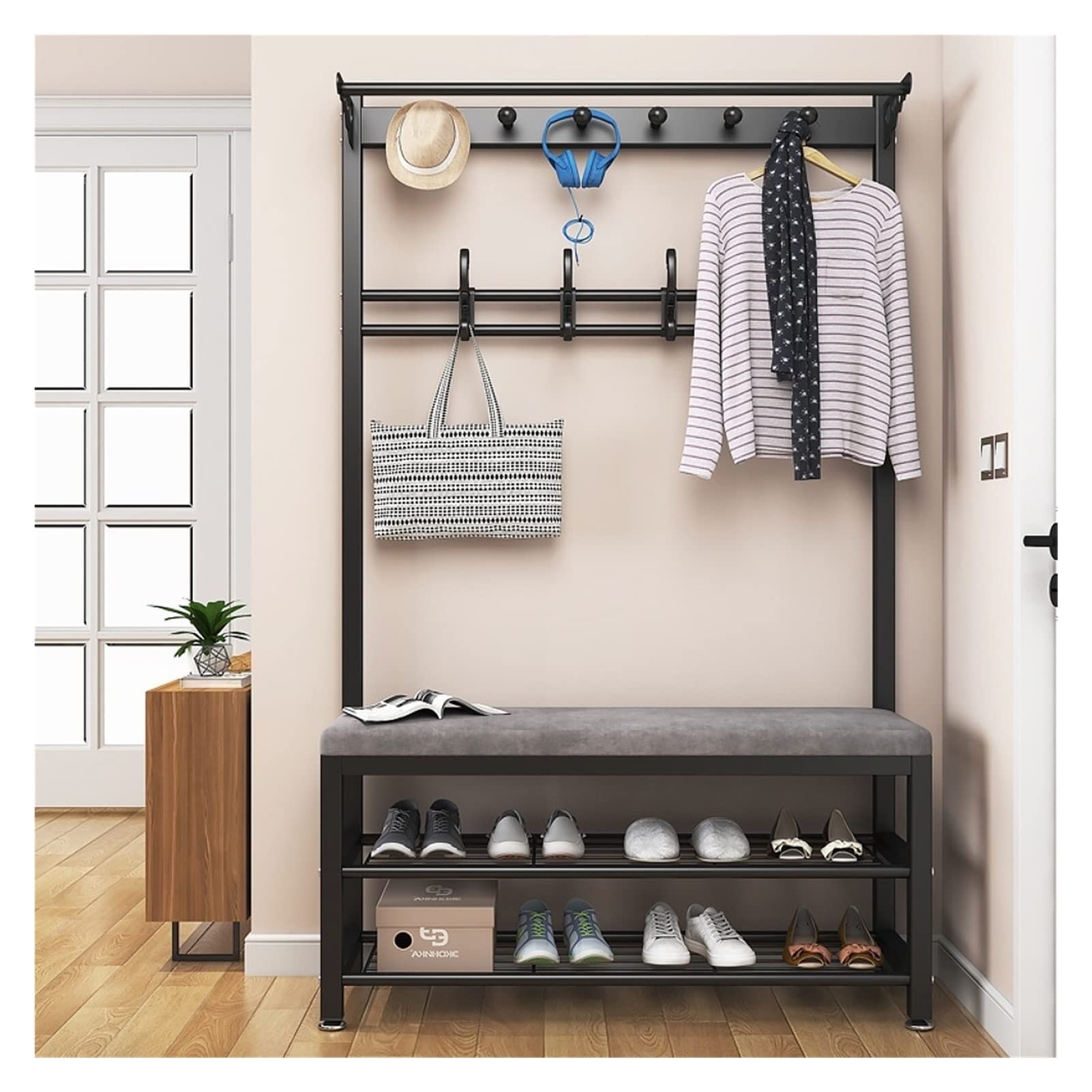3-in-1 Entryway Hall Tree with Shoe Rack & Umbrella Holder - Carbon Steel Frame Bench with Top Shelf (Black, 60CM) - Perfect for Small Spaces, Apartments & Organized Entryways