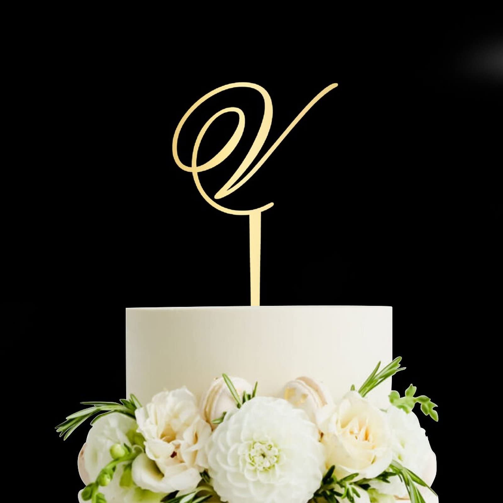 Gold Acrylic Monogram Cake Topper - Letter V Wedding Cake Decor for Anniversary, Birthday Party Supplies | Rustic Elegant Cake Topper for Wedding, Anniversary, Birthday Celebrations
