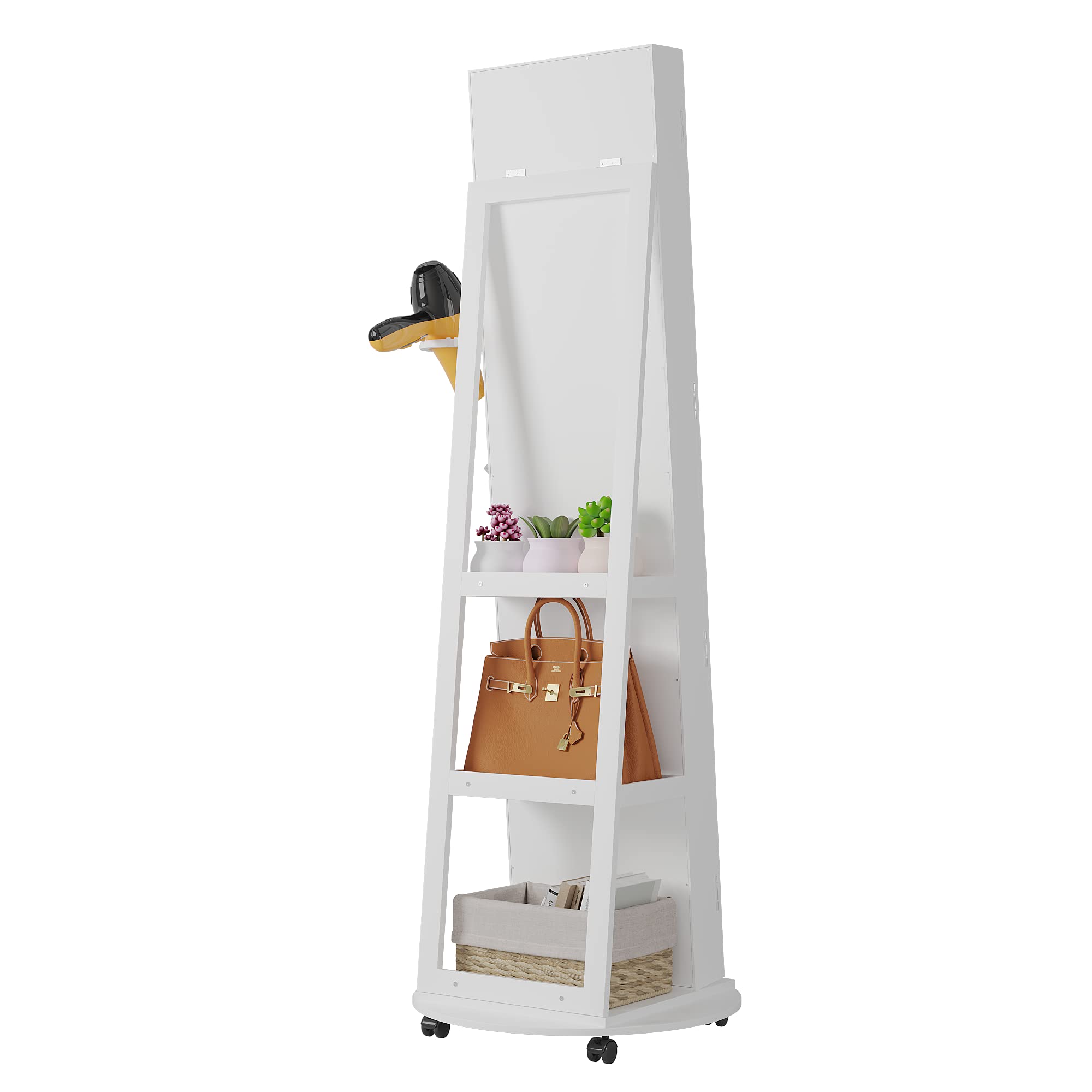 360° Swivel Jewelry Armoire with LED Mirror & Lockable Wheels - Full Length Standing Jewelry Cabinet with Foldable Makeup Shelf & Storage Organizer - Perfect for Bedroom, Closet & Dressing Room (White)