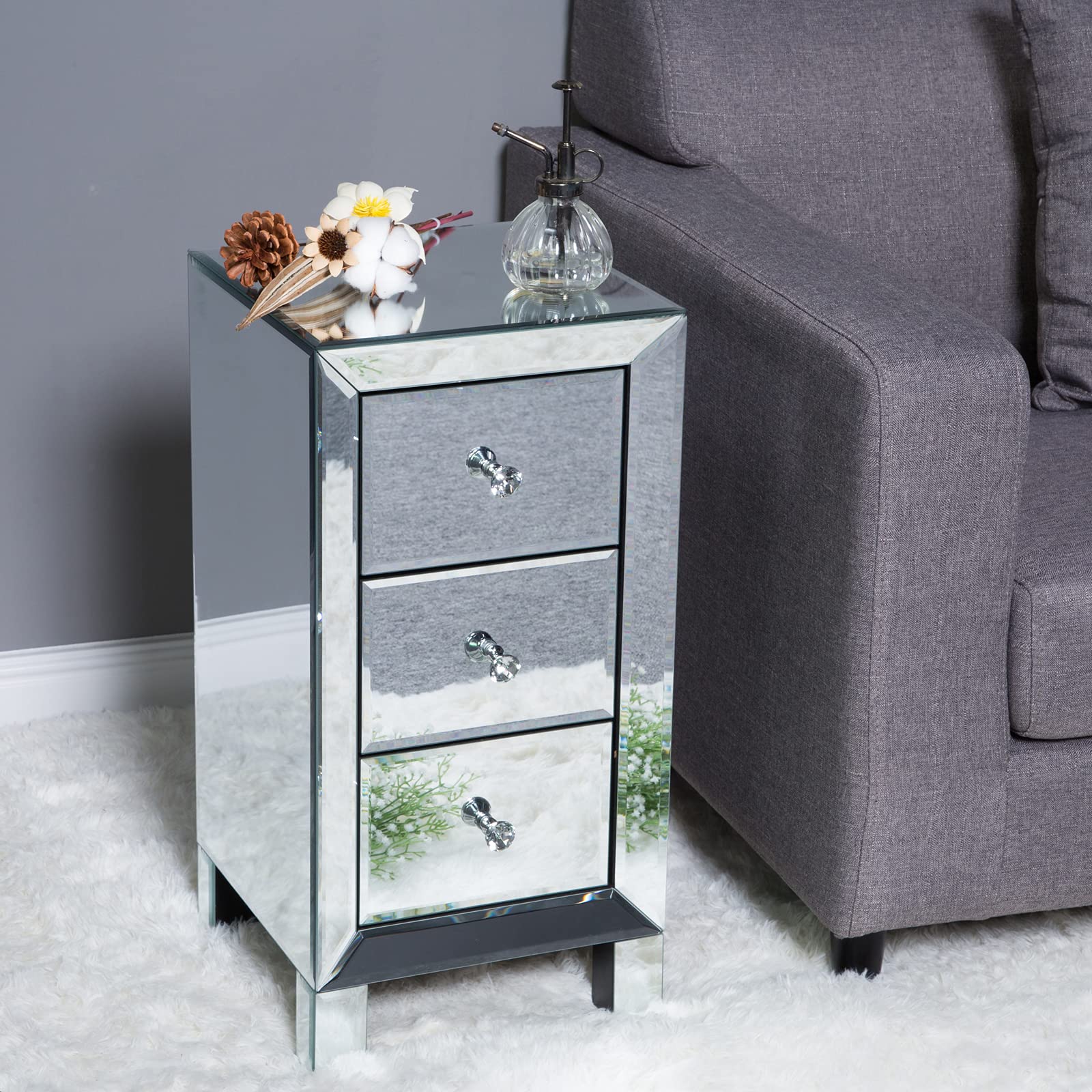 Bonnlo 3-Drawer Mirrored Nightstand - Silver Bedside Table with Storage for Bedroom & Living Room, 11.7