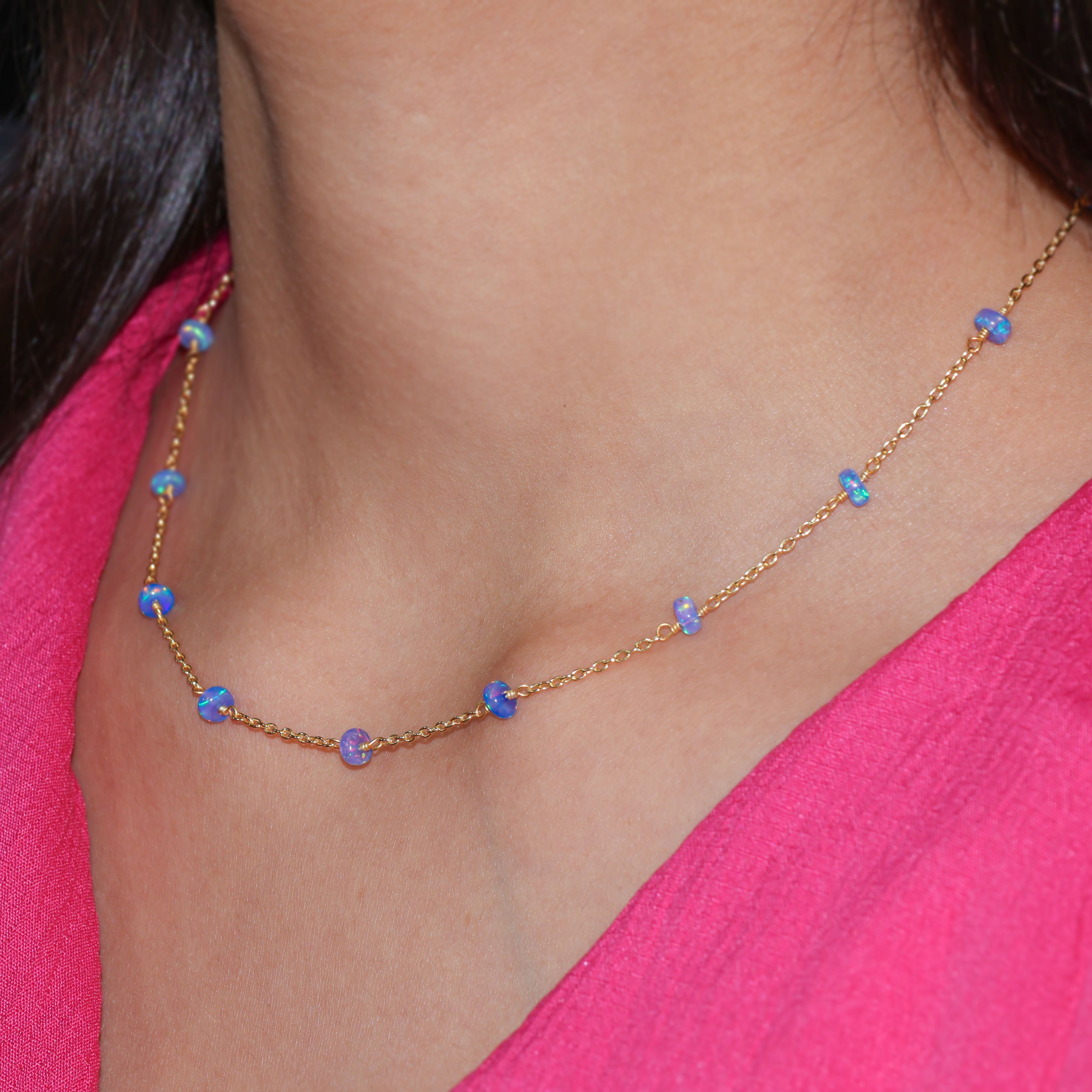 Natural Blue Opal Beaded Chain Necklace for Women - Elegant Boho Jewelry for Parties, Weddings & Everyday Wear