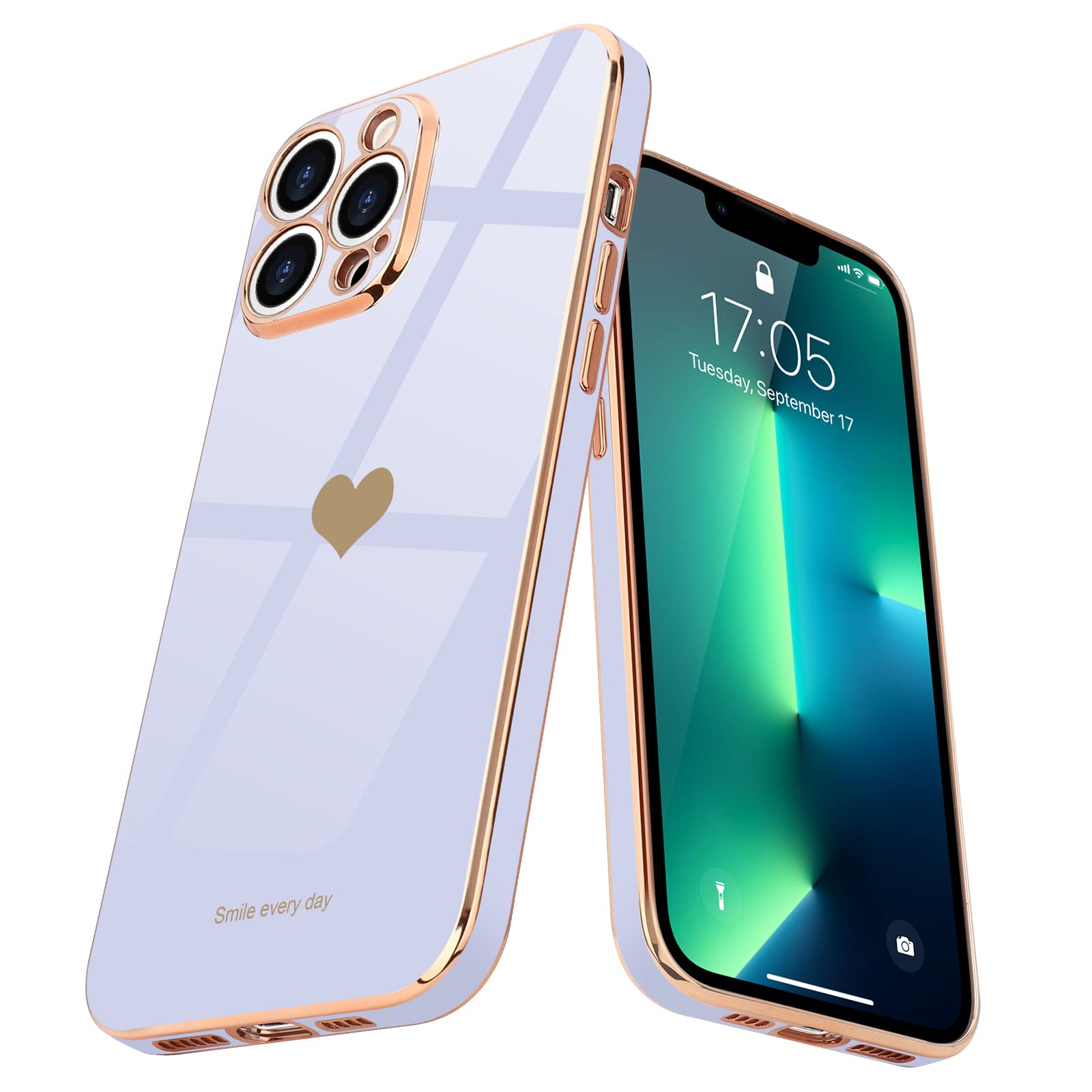 Teageo iPhone 13 Pro Max Case - Cute Heart Pattern Slim Luxury Bling Plating Soft TPU Shockproof Phone Cover for Women & Girls | Perfect for Everyday Use, Work & Travel (Purple)