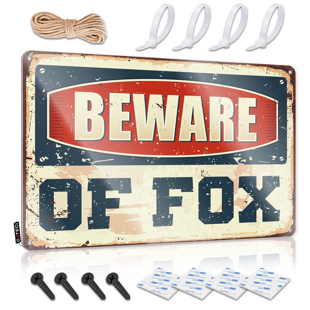 Funny Metal Sign - Beware of Fox Outdoor Decor for Man Cave, Bathroom & Garage - 30x40cm Rustic Wall Art - Perfect for Hunting Lodge, Pub or Backyard Shed