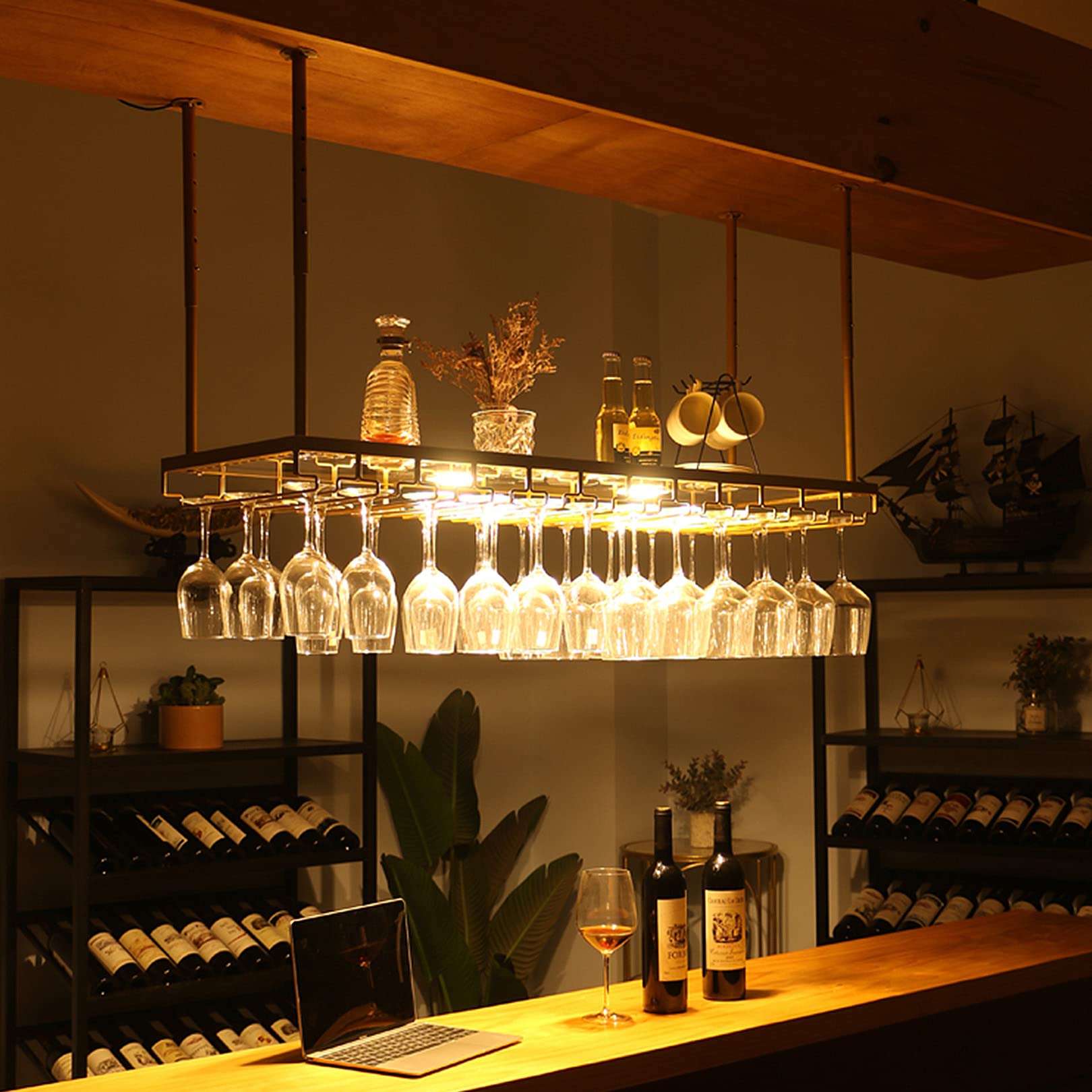 Rustic Iron Wall Mounted Wine Rack with LED Light & Glass Holder - Adjustable Ceiling Mount Bottle Rack Shelves for Bar, Kitchen, Dining Room - Perfect for Home Decor, Wine Storage & Entertaining Guests
