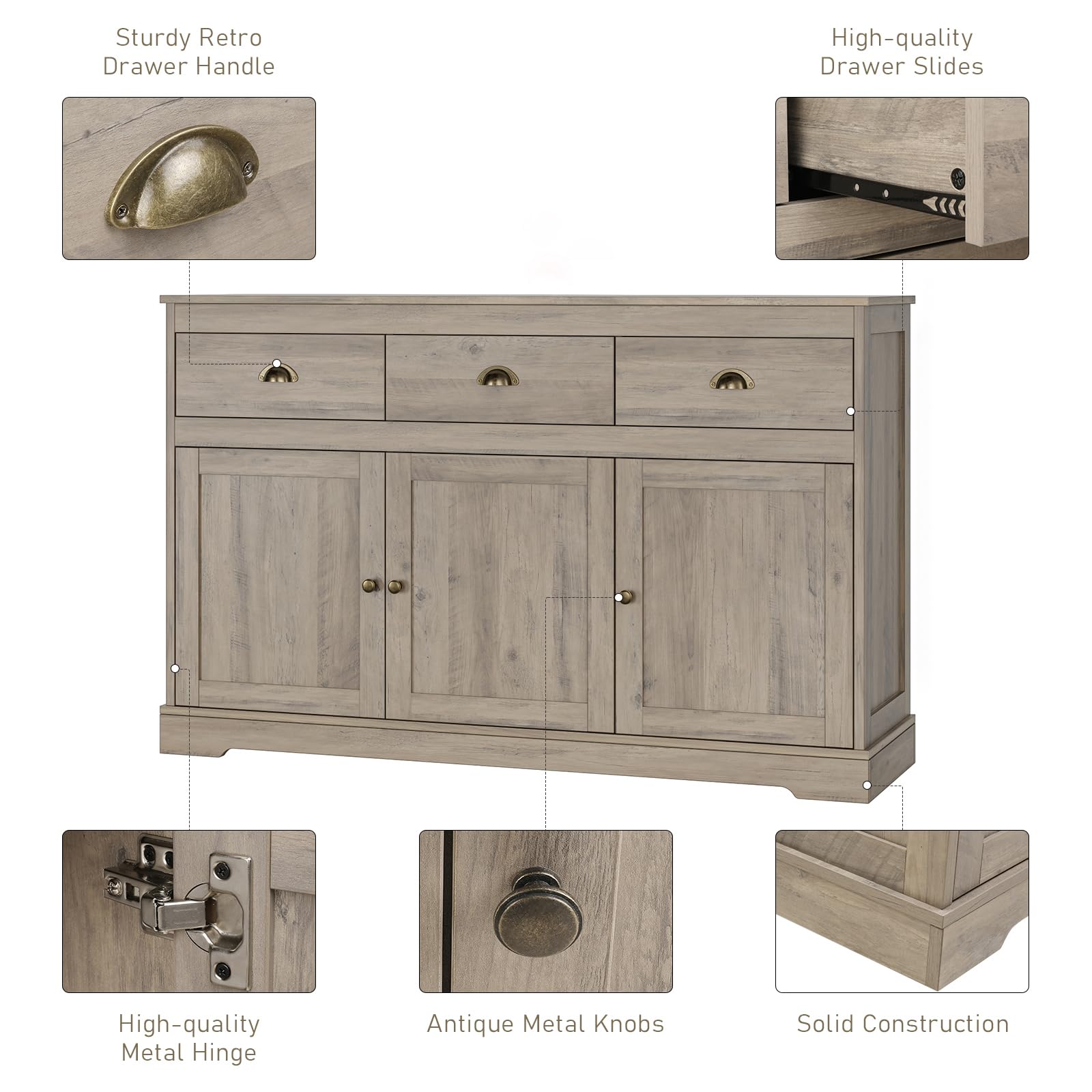 Keyluv Buffet Storage Cabinet - Farmhouse Style Sideboard with 3 Drawers & 3 Doors, Adjustable Shelves Console Table for Kitchen, Dining & Living Room - Grey Wash | Perfect for Wine Storage, Bar Server & Home Organization