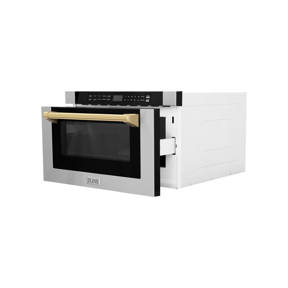 ZLINE Autograph Edition 24-Inch Built-In Microwave Drawer - 1.2 cu.ft Stainless Steel with Polished Gold Accents - Perfect for Modern Kitchens & Luxury Home Renovations (MWDZ 1 H G)
