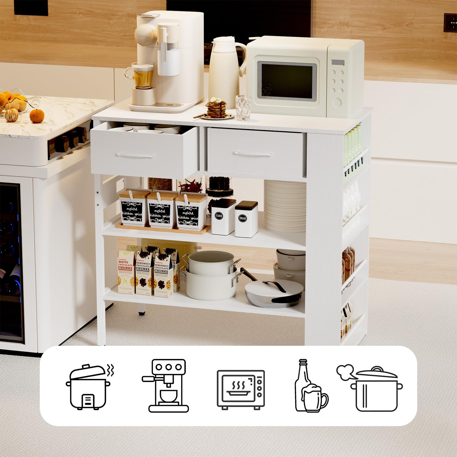 Modern White Kitchen Island with Open Storage Shelves, Spice Rack & Power Outlet - Versatile Bar Table for Cooking, Dining & Entertaining in Small Spaces