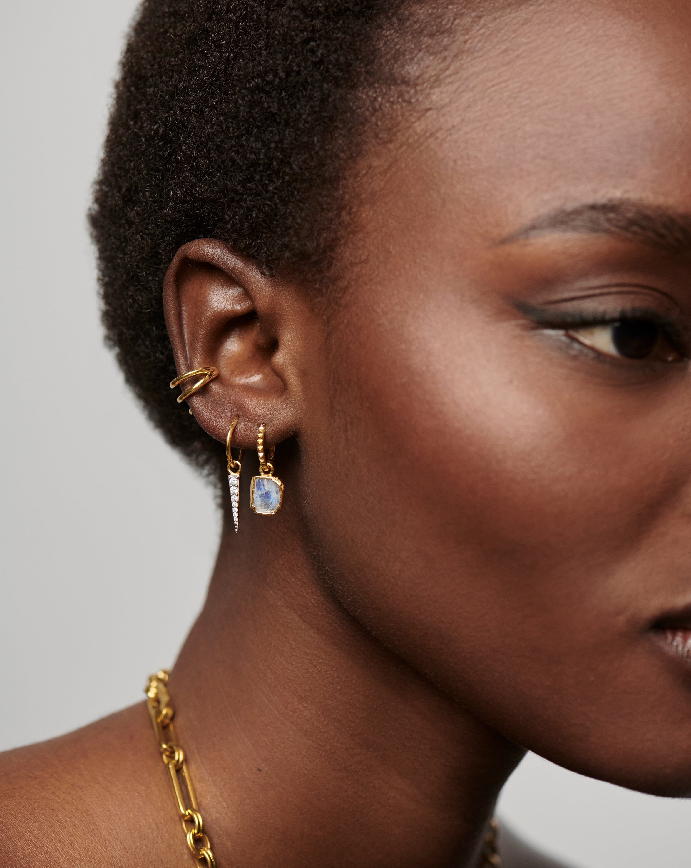 Mini Pyramid Charm Hoop Earrings - 18k Gold Vermeil & Rainbow Moonstone Jewelry for Women | Boho Chic Accessories for Everyday Wear & Special Occasions