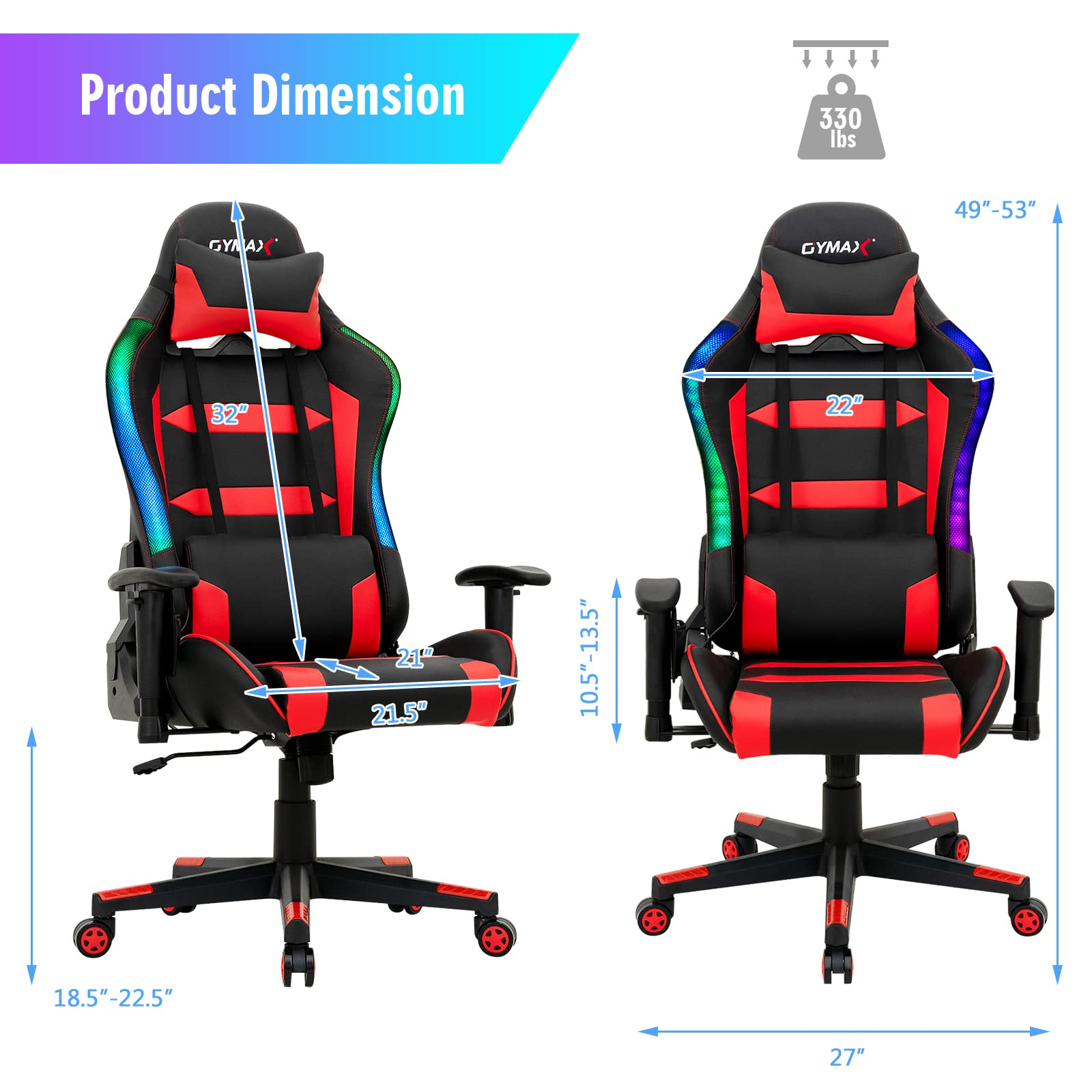 POWERSTONE RGB Gaming Chair with LED Lights - Ergonomic Racing Style Computer Chair for Adults, High Back Office Desk Chair with Adjustable Lumbar Support & Armrests - Perfect for Gaming, Streaming & Home Office (Red)