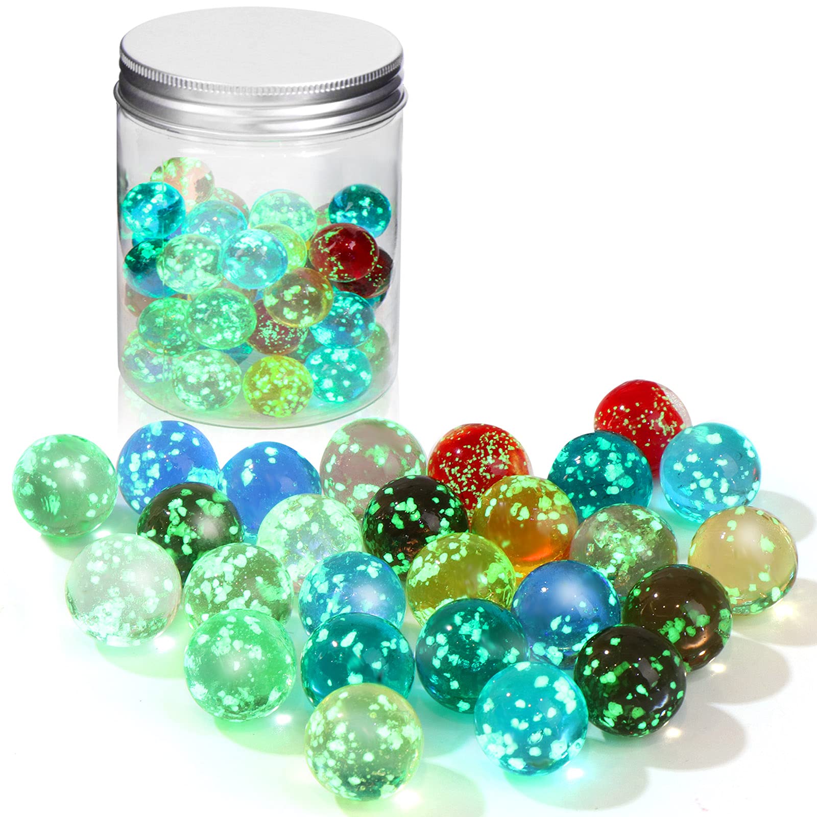 Wusteg 40-Piece Glow in The Dark Glass Marbles Set - Colorful Luminous Dotted Style Marbles for Kids Games, Fish Tank Decor & Home Decoration (10 Vibrant Colors) - Perfect for Nighttime Play, Aquarium Accents and Party Favors