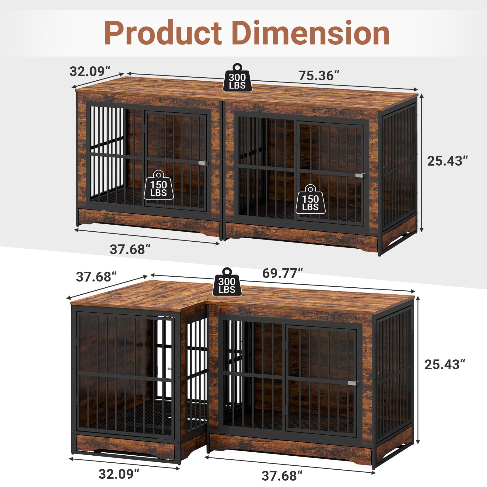 75 Inch Double Dog Crate Furniture with Divider - 4-in-1 Convertible Large Dog Kennel with Removable Trays - Rustic Brown Corner Pet Crate for Small, Medium & Large Dogs - Perfect for Living Room, Bedroom or Home Office