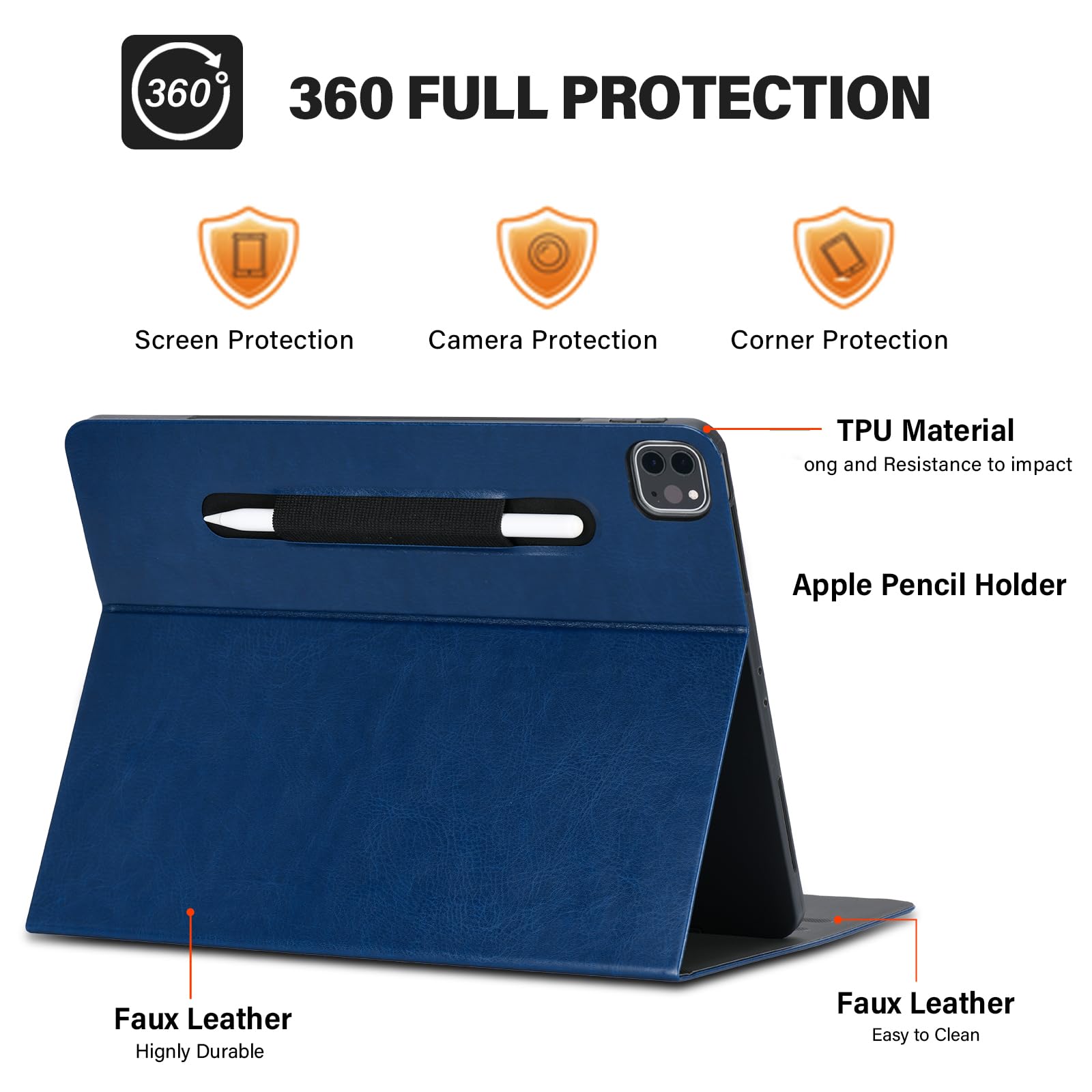HFcoupe Magnetic iPad Air 13 Case (2024/2025 M3/M2) & iPad Pro 12.9 Case (5th/6th Gen) - Slim Protective Cover with Pencil Holder, Auto Wake/Sleep & Secure Closure - Navy Blue - Perfect for Work, School & Travel