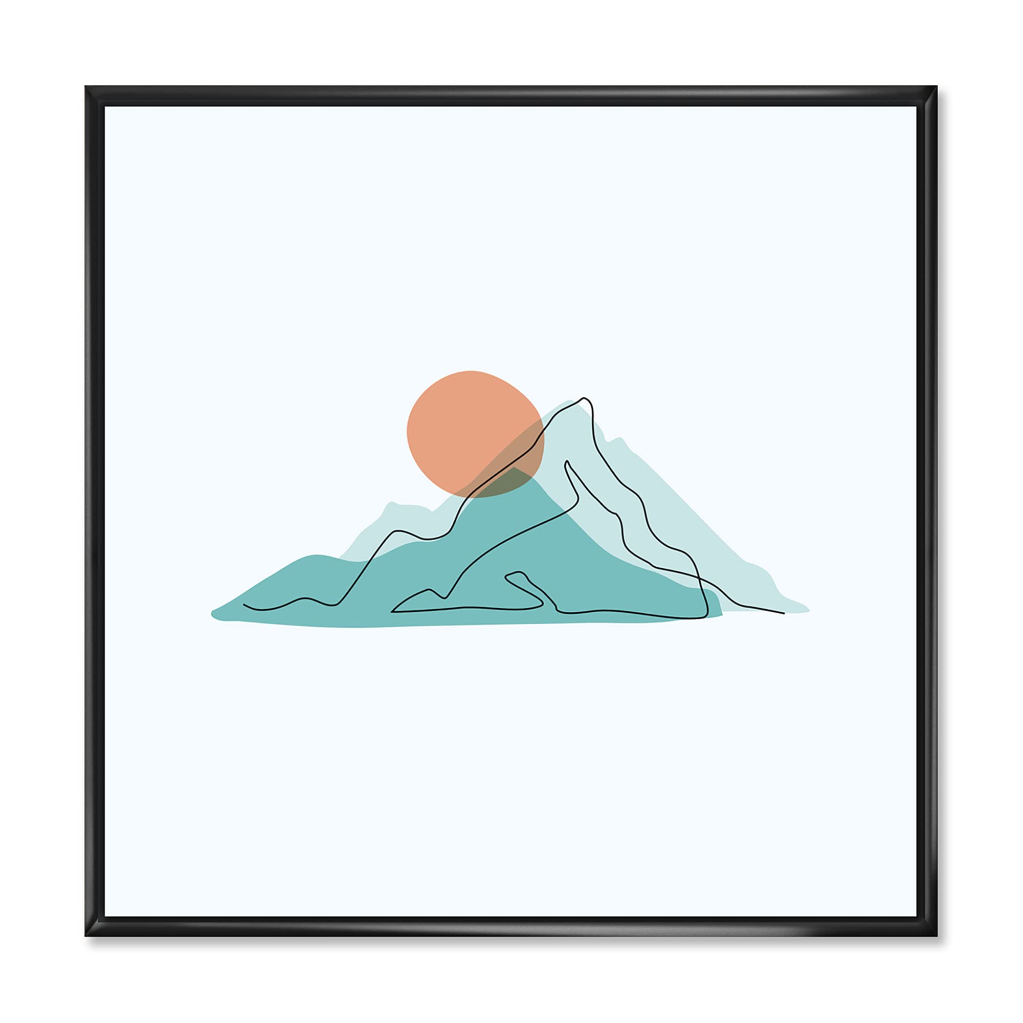 DesignQ Red Moon Over Abstract Blue Mountains II - Modern Framed Canvas Wall Art Print for Living Room, Bedroom & Office Decor