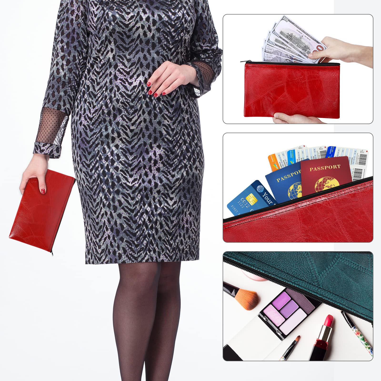 4pcs PU Leatherette Zippered Money Bags for Cash, Coins & Cosmetics - Travel & Retail Use