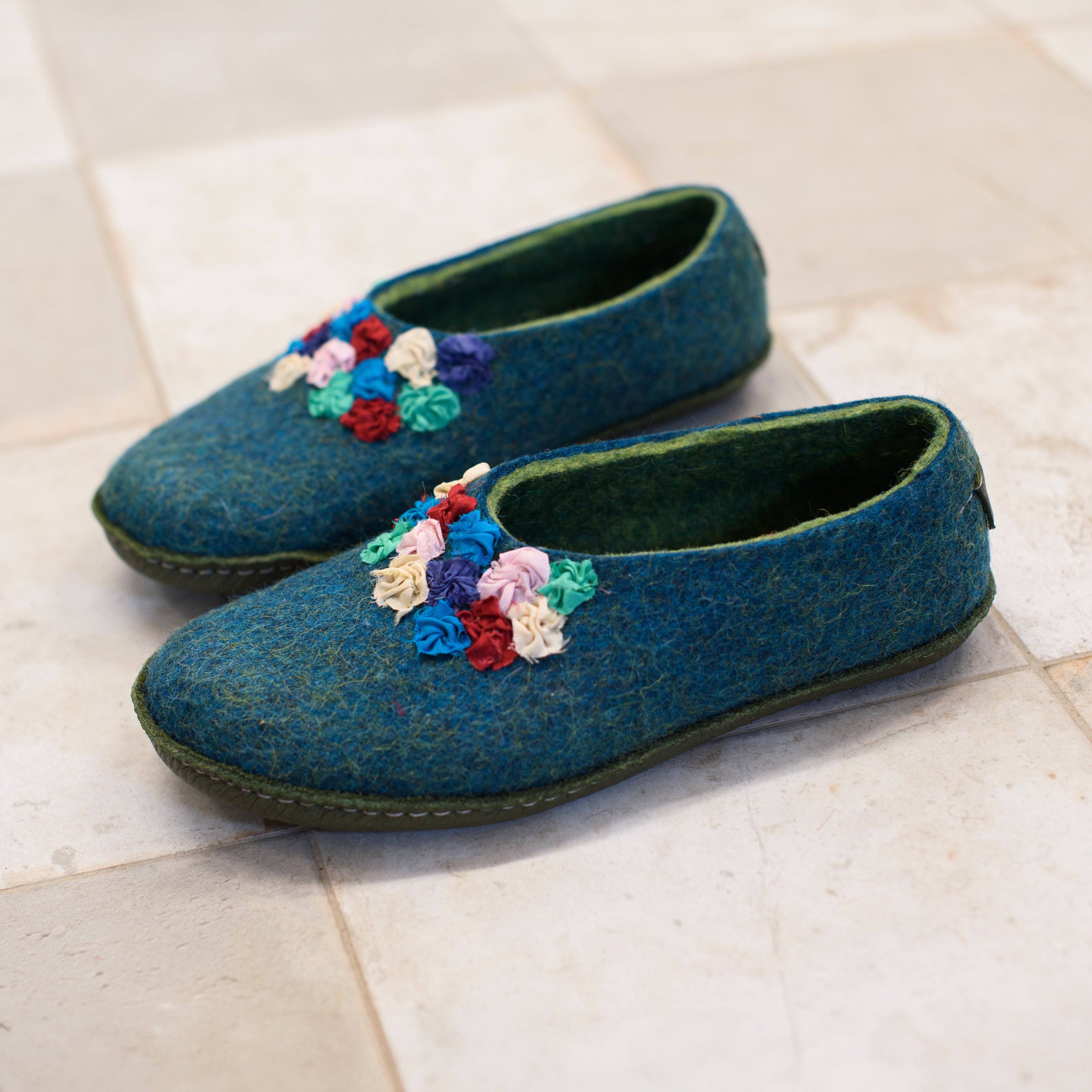 Women's Turquoise & Green Silk Felted Wool House Slippers - Cozy Indoor Comfort for Relaxation & Lounging