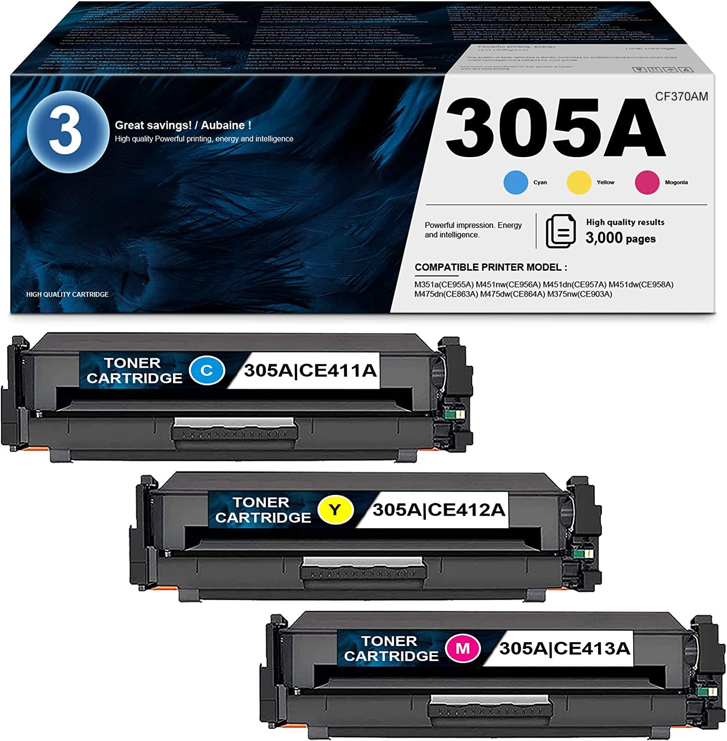 HSBHDAK High Yield Toner Cartridge Replacement (3-Pack: 1C+1M+1Y) Compatible with HP M351a/M451nw/M451dn/M451dw/MFP M475dn/M475dw/M375nw Printers - Perfect for Office & Home Printing Needs