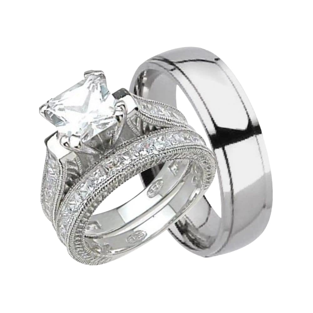 3 Ct Princess Cut Diamond Wedding Ring Set - 14K White Gold Plated & 925 Sterling Silver His & Her Matching Bands - Handmade Anniversary, Engagement & Promise Rings - Perfect for Weddings, Proposals & Romantic Gifts