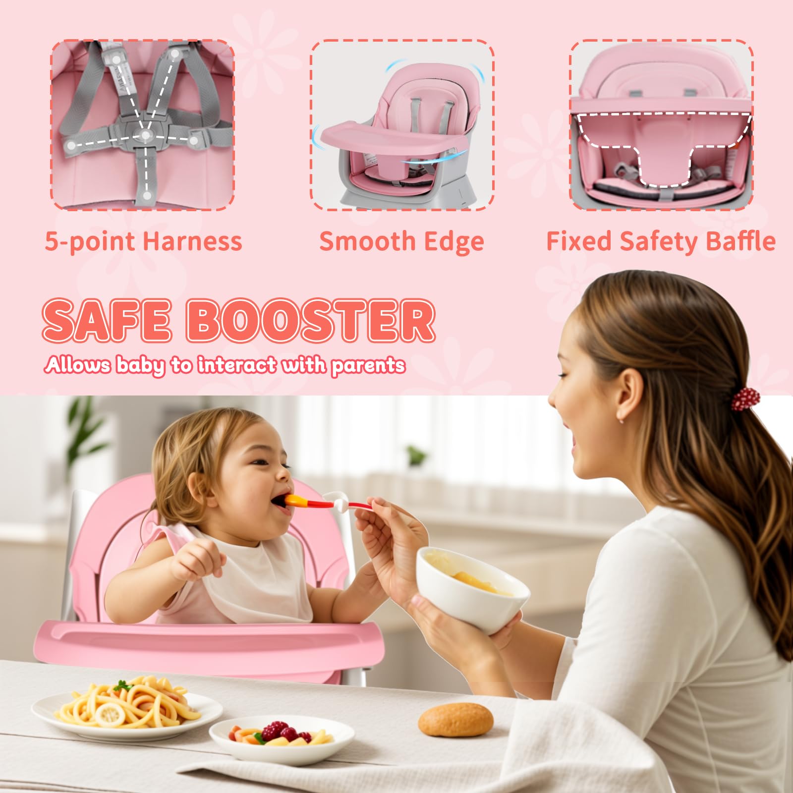 Kinder King 8-in-1 Convertible Baby High Chair - Dining Booster Seat, Kids Table & Chair Set, Toddler Activity Table with Building Blocks, Stool - Removable Tray & Washable Double Seat Cover - Easy Clean Pink (Perfect for Feeding, Playtime & Learning Activities)