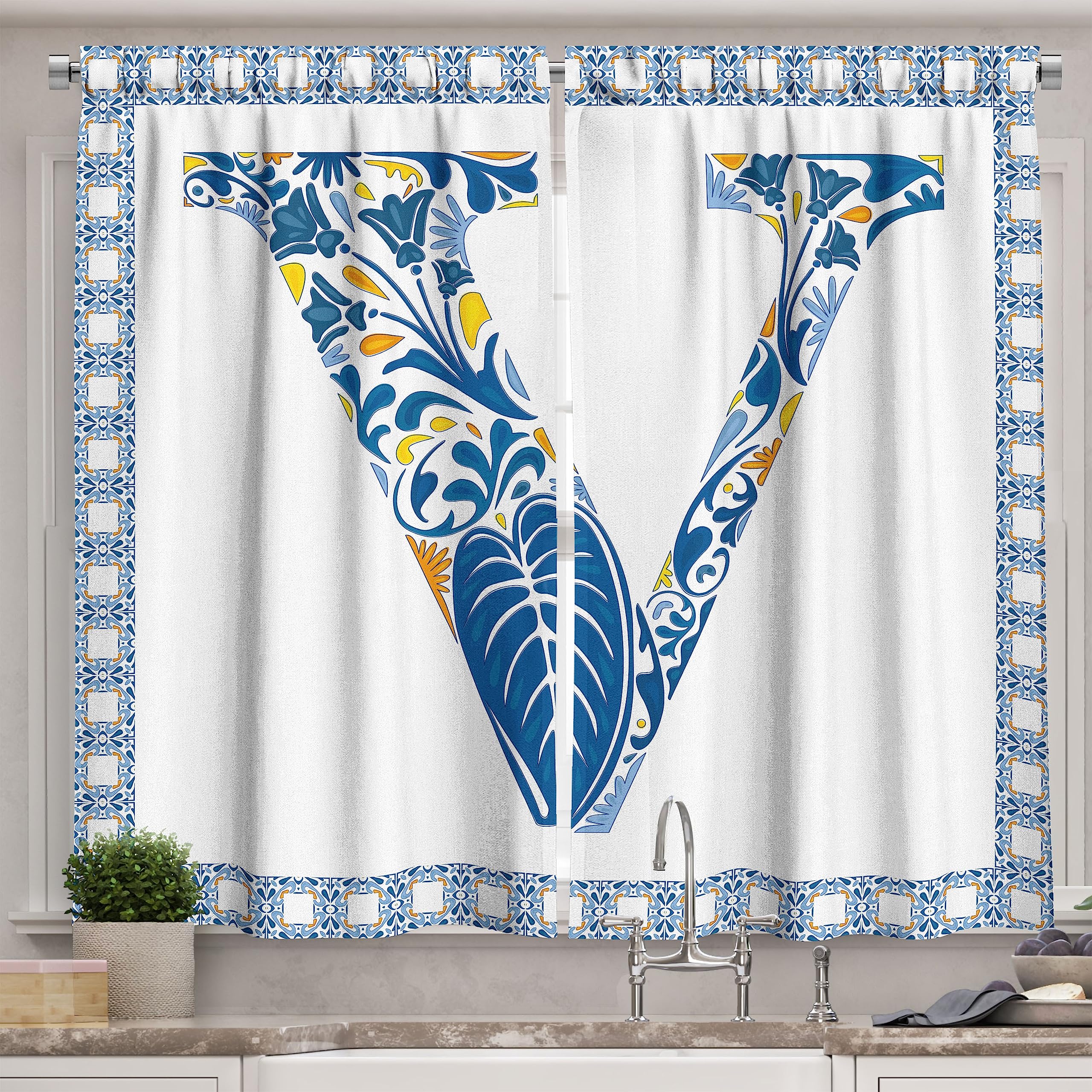 Ambesonne Letter V Long Kitchen Curtains - Traditional Portuguese Inspired Design with Capital V Lettering, 2 Panel Rod Pocket Drapes, 55 x 45 Inches, Blue Yellow Orange - Perfect for Farmhouse, Cottage & Boho Style Kitchens