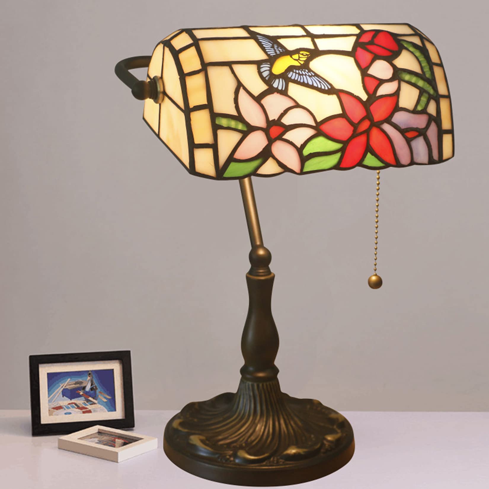 Vintage Tiffany Style Bankers Lamp - Stained Glass Shade & Antique Alloy Base Desk Light for Office, Piano, Bedroom, Living Room | Classic Green Table Lamp for Reading, Study & Night Light
