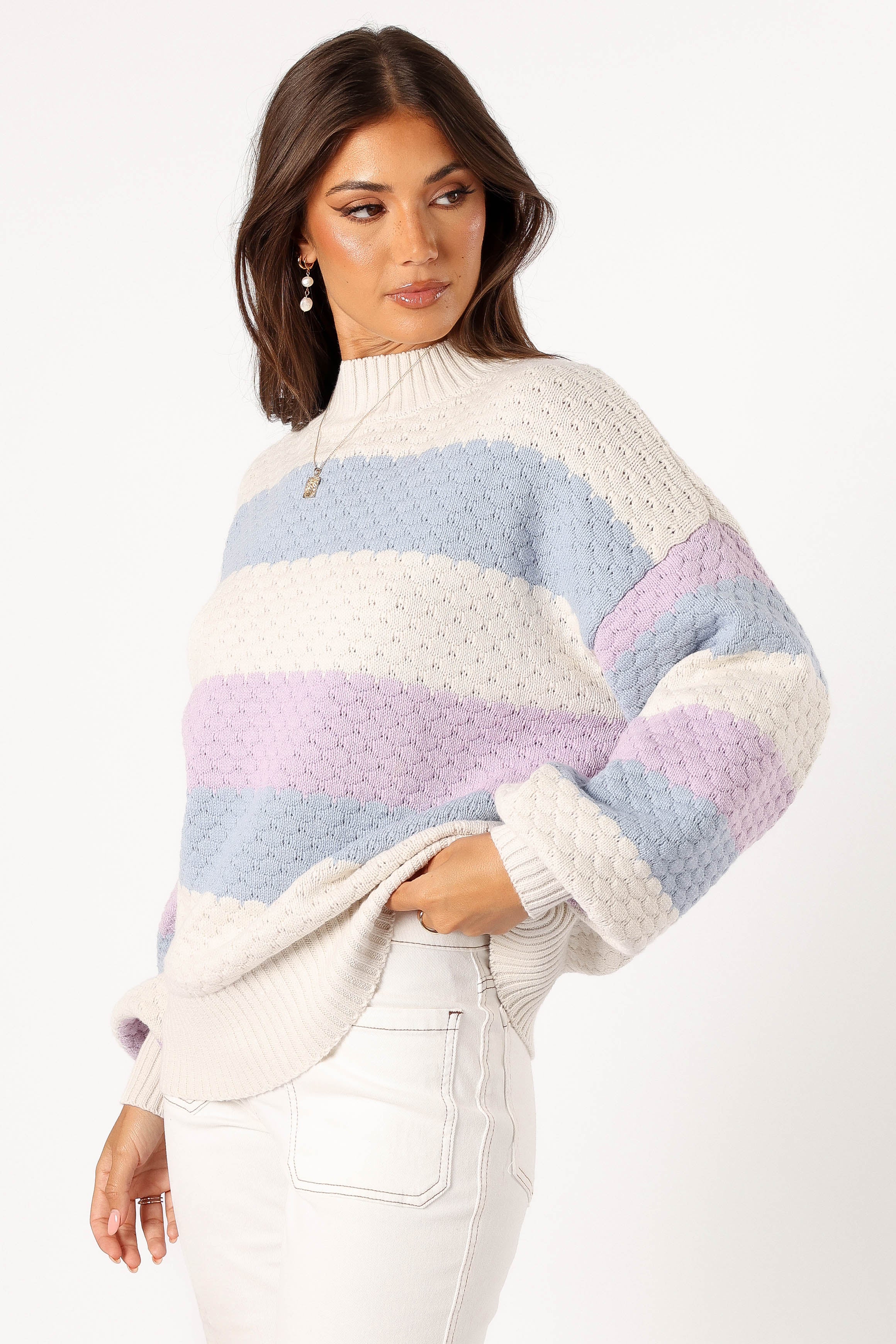 Dani Women's Multi Stripe Knit Sweater - White & Light Blue | Cozy Casual Pullover for Fall & Winter | Perfect for Office, Dates & Holiday Outfits