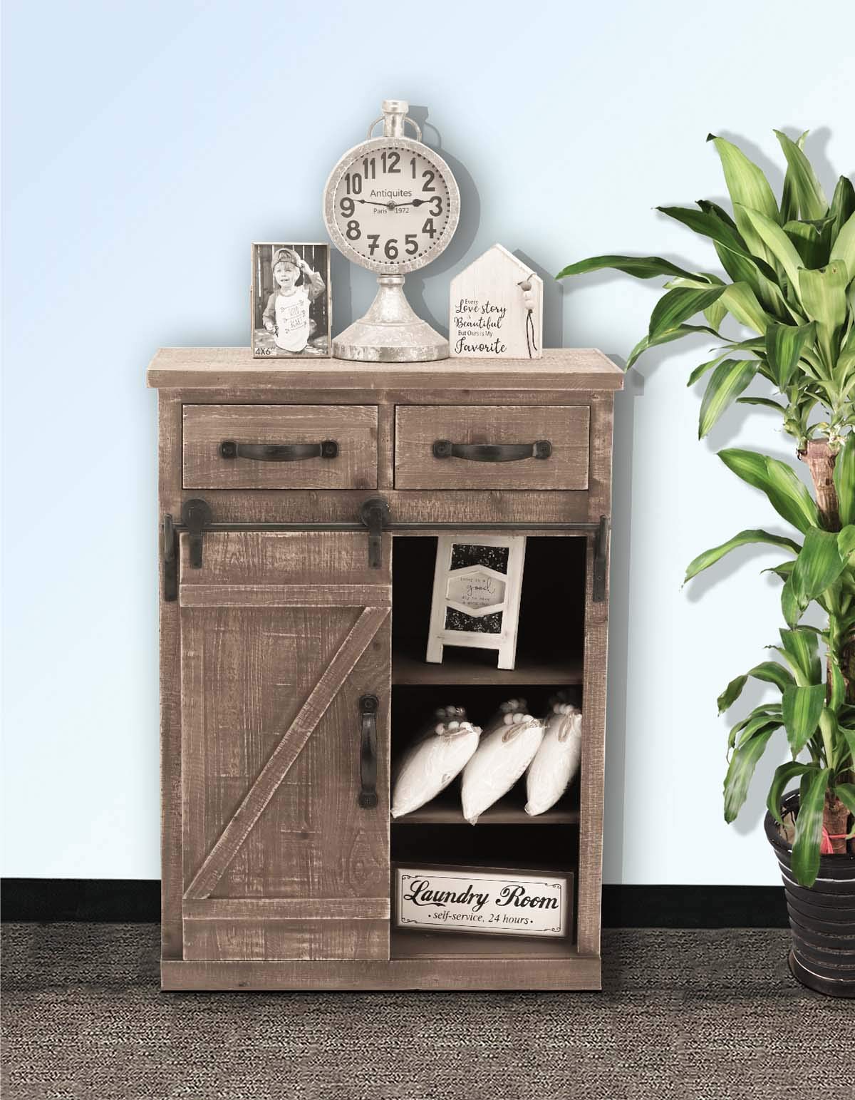 Rustic Sliding Barn Door Wood Storage Cabinet - Farmhouse Wood End Table for Kitchen, Living Room | Country Style Furniture in Antique Brown (32inch Height) | Perfect for Farmhouse Decor, Small Space Storage & Entryway Organization