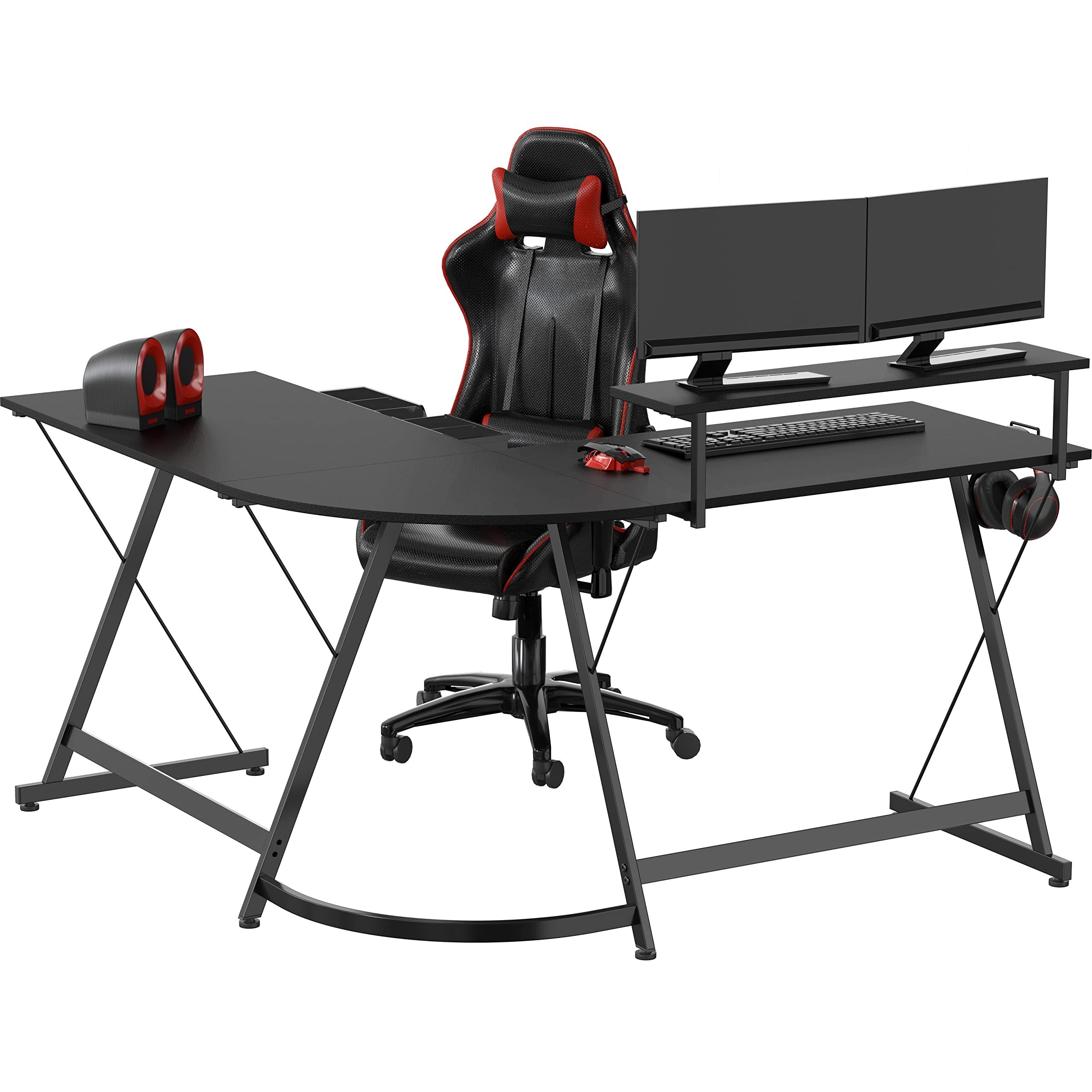 SHW Vista L-Shape Computer Desk with Monitor Stand - Black Home Office Desk for Gaming & Work, Ergonomic Study Desk for Small Spaces, Perfect for PC Setup & Remote Work