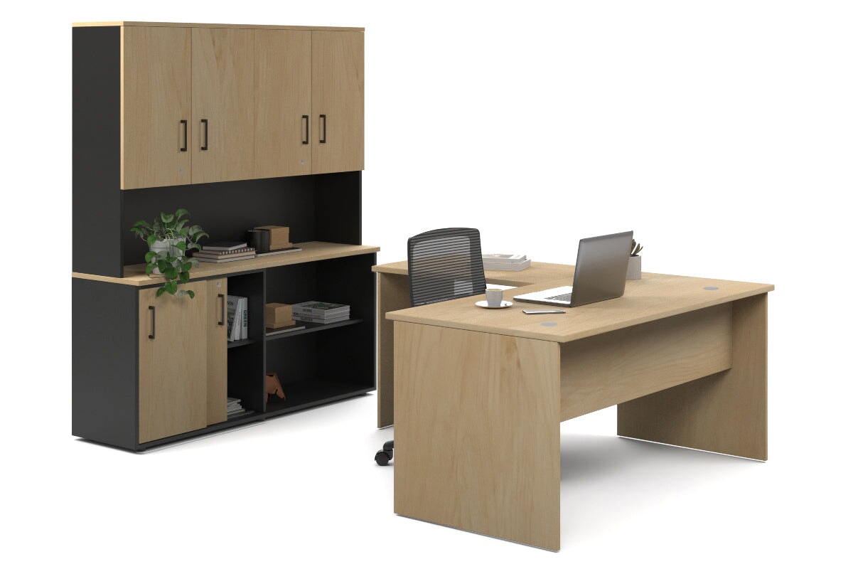 L-Shaped Executive Desk with Uniform Panel - Black Carcass [1400L x 1600W] - Perfect for Home Office & Corporate Workspaces