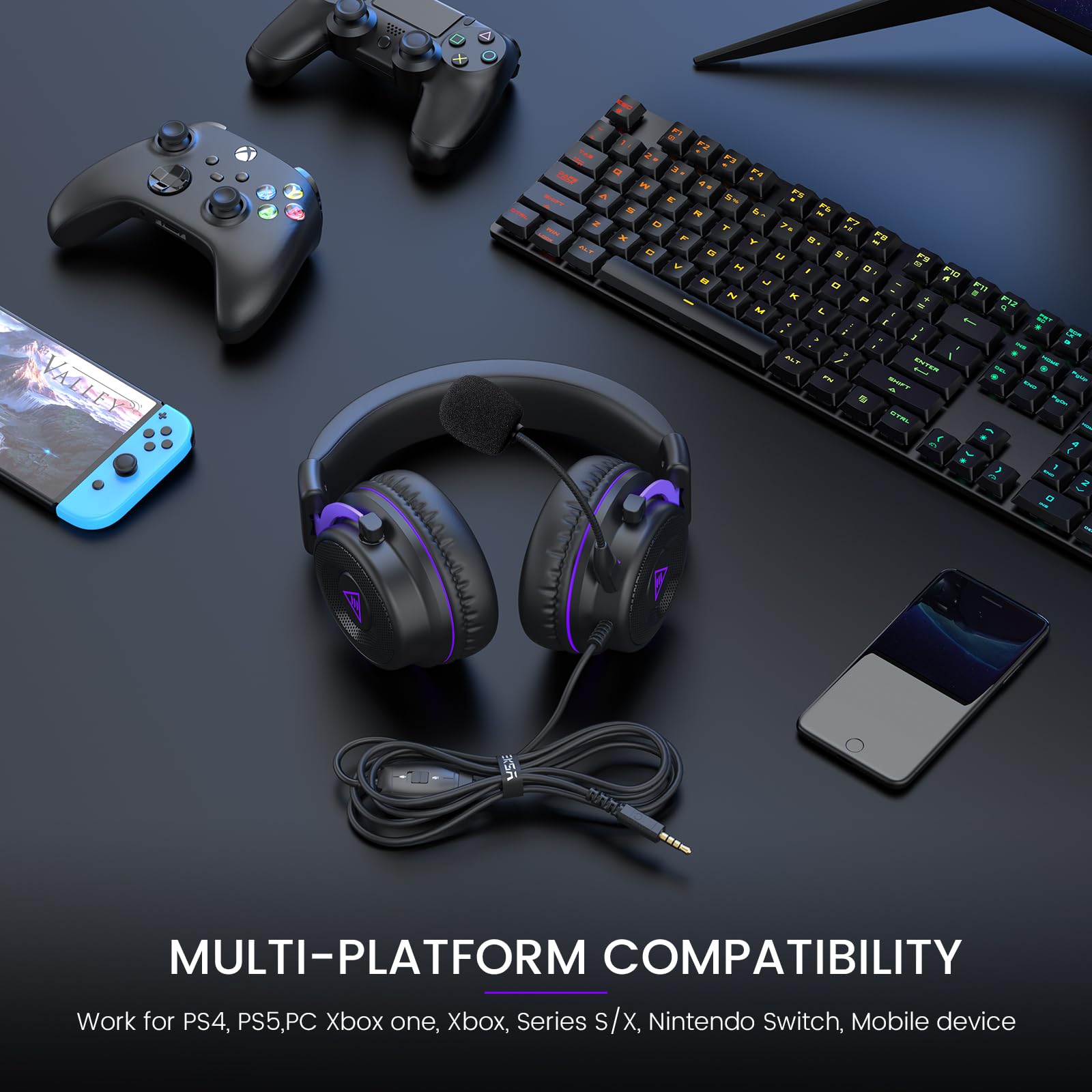 EKSA E900 Wired Gaming Headset with Detachable Noise Cancelling Mic - 50mm Drivers, 3D Stereo Sound for Xbox One/X/S, PS4/PS5, Nintendo Switch & PC - Perfect for Competitive Gaming & Online Chat (Purple)