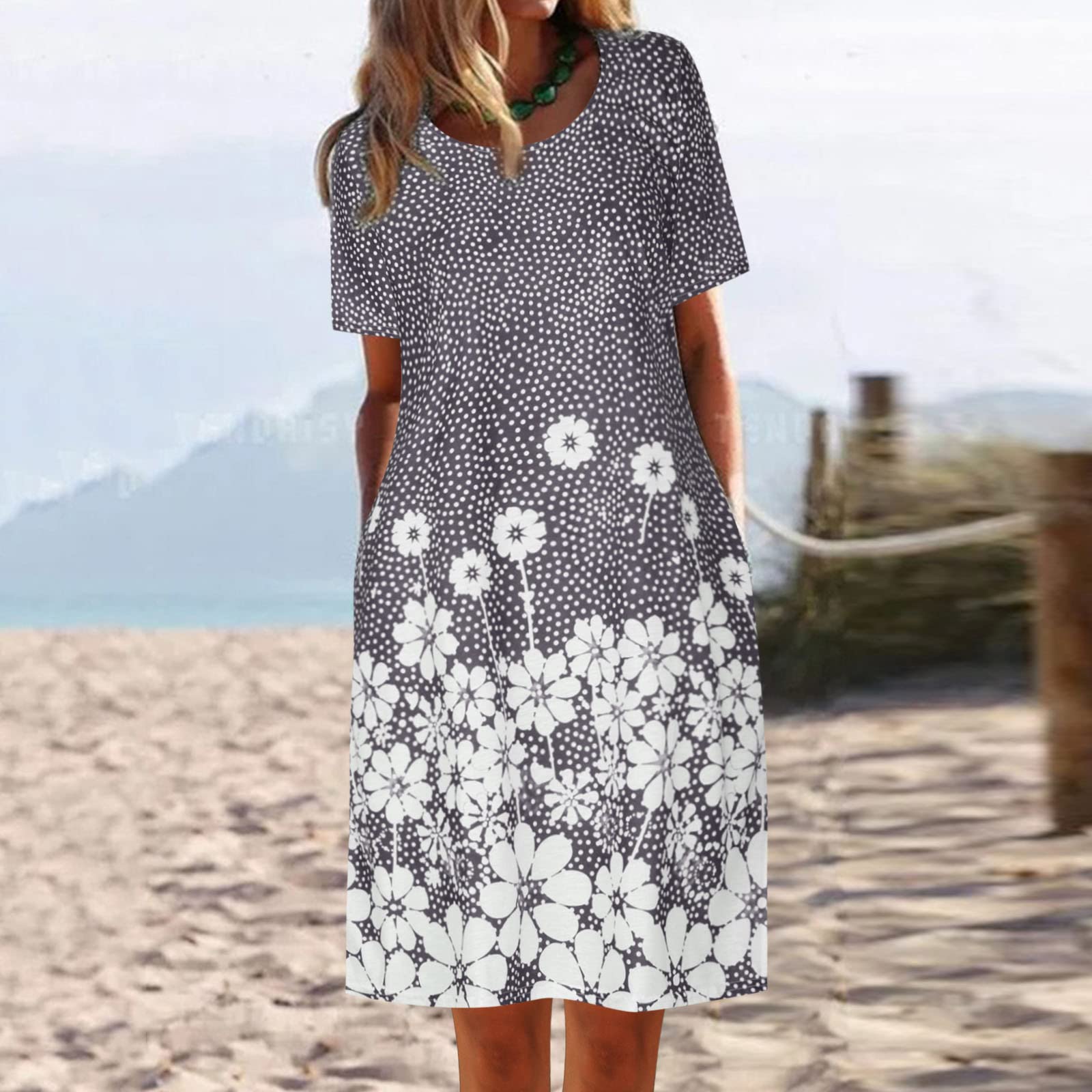 Women's Casual Flowy Pleated T-Shirt Dress with Pockets - Grey | Comfortable Loose Fit Summer Dress for Outings, Beach & Everyday Wear