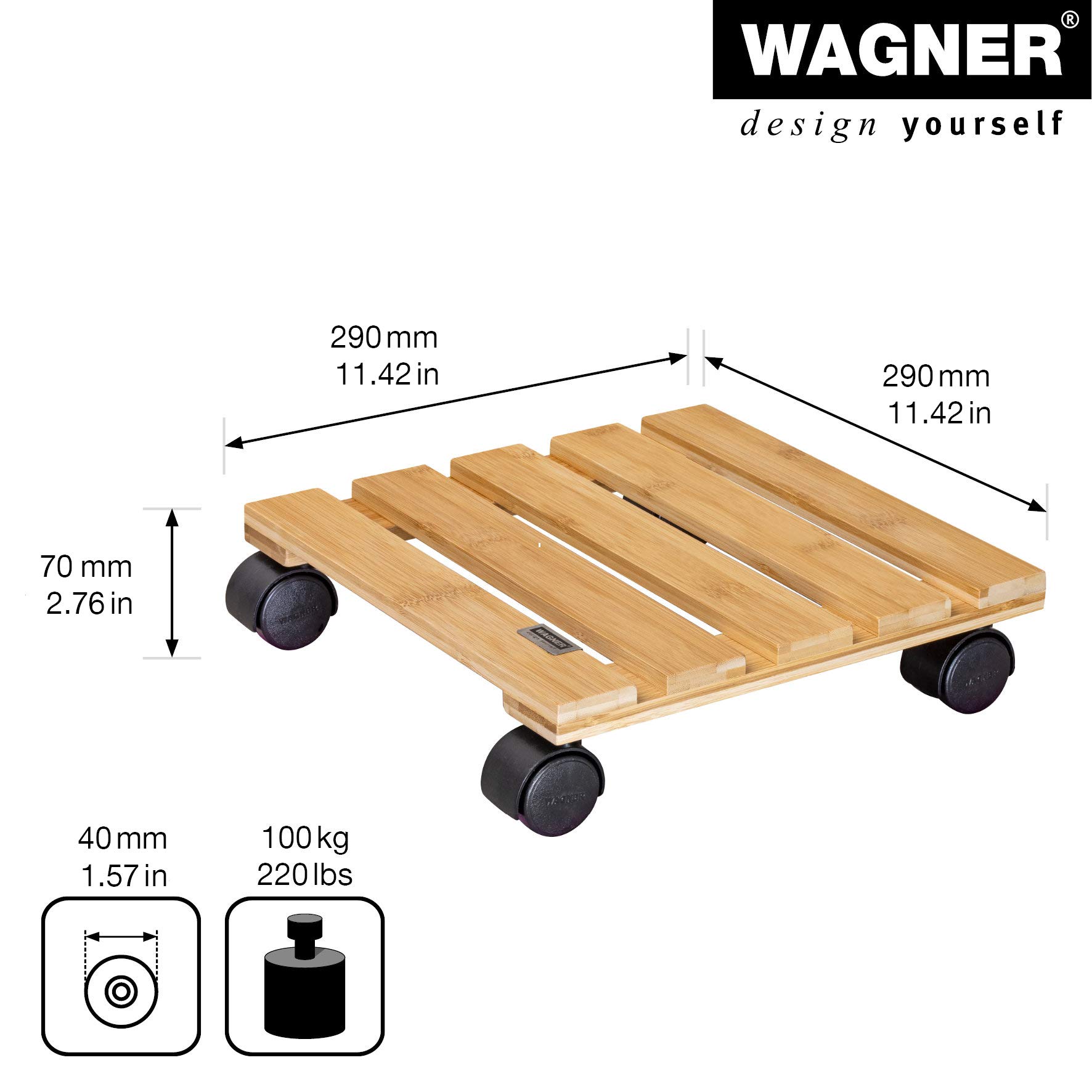 WAGNER Bamboo Plant Caddy with Wheels - 11.42 x 11.42 x 2.76 Inch Indoor Flower Stand - 220 lbs Capacity Wooden Plant Mover for Potted Plants, Home Decor, and Garden Use